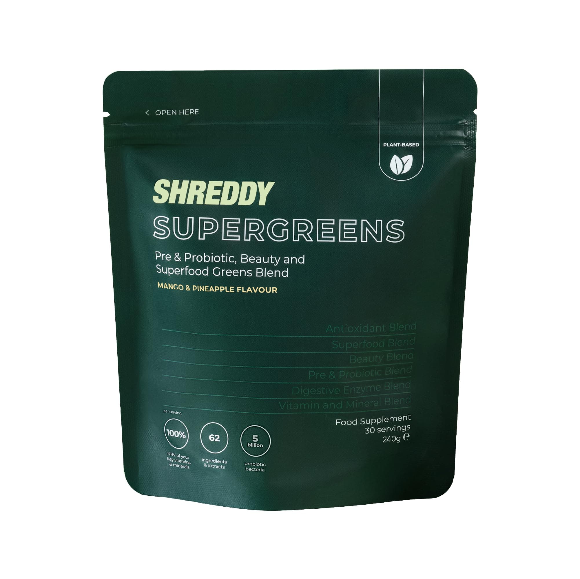 SHREDDY | Probiotic, Beauty, Superfood Greens Blend | 5 Billion Probiotics, 100% NRV Vitamins | 62 Nutrient-Rich Ingredients | Vegan-Friendly | Mango & Pineapple Flavour