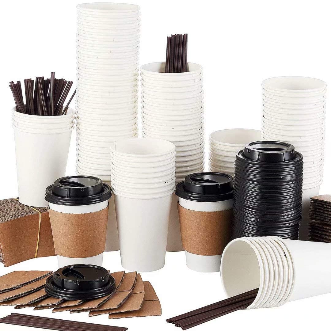 Springpack 110 Sets white hot Travel Lids Sleeves and Straws 100% Biodegradable & Compostable Pla Eco Friendly to go paper coffee cups, 12oz
