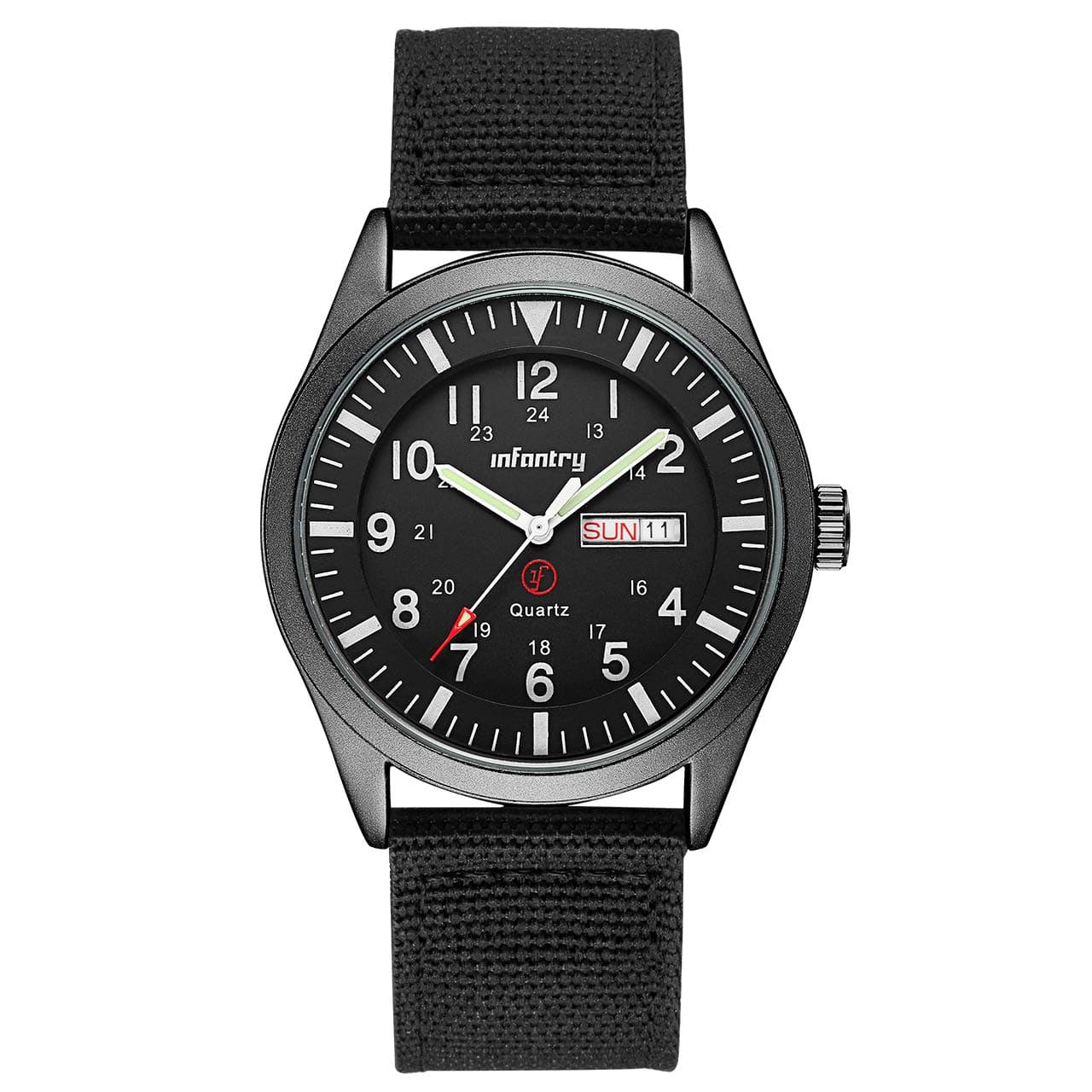 Infantry Military Watches for Men, Mens Field Wrist Watch for Tactical Outdoor Sport, Army Work Analogue Wristwatch, Date Day Display, 50M Waterproof, Black Nylon Strap