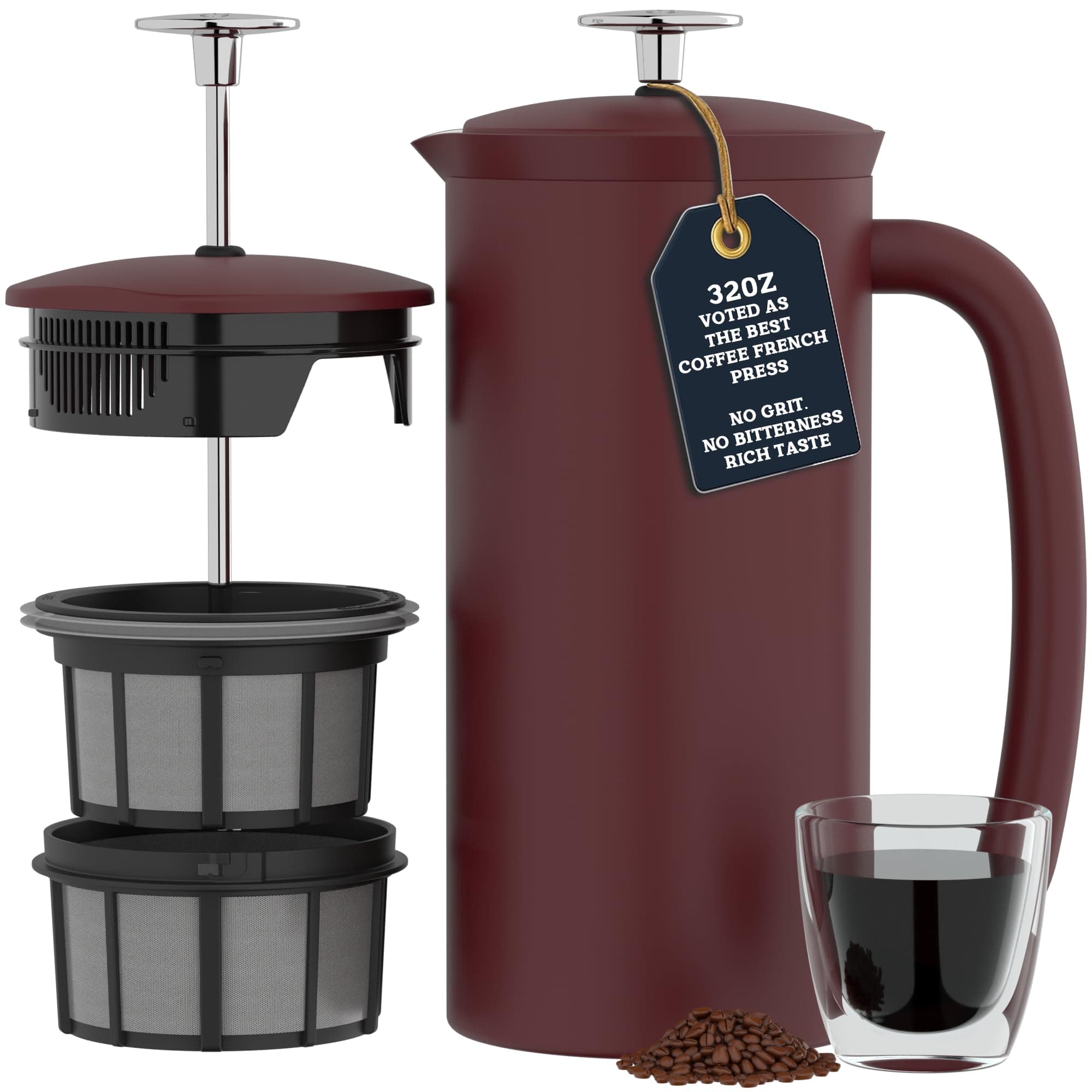 P7 French Press Coffee Maker - Double-Walled Stainless Steel Insulated with Micro-Filter, 32 Ounces, Cranberry