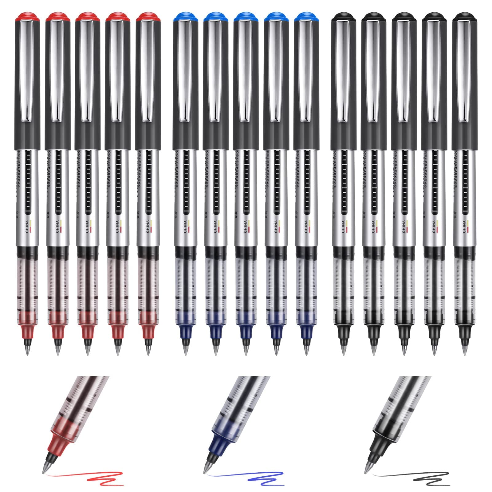 15 Pack Rollerball Pens,0.5mm Liquid Ink Rollerball Pens,Quick-Drying Ballpoint Pens Writing Pens Multipack for Writing,Journaling,Notes Taking School Office Supplies(Black, Blue, Red)