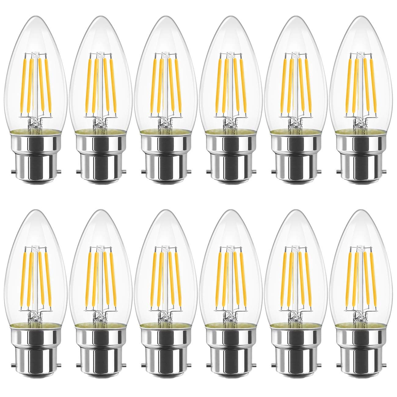 LVWIT B22 LED Filament Candle Bulb, C35 Bayonet Light Bulbs,470Lm, 4W Replace 40Watt,2700K Warm White Candle Bulbs for Chandeliers Fittings Non-Dimmable (12 PCS)