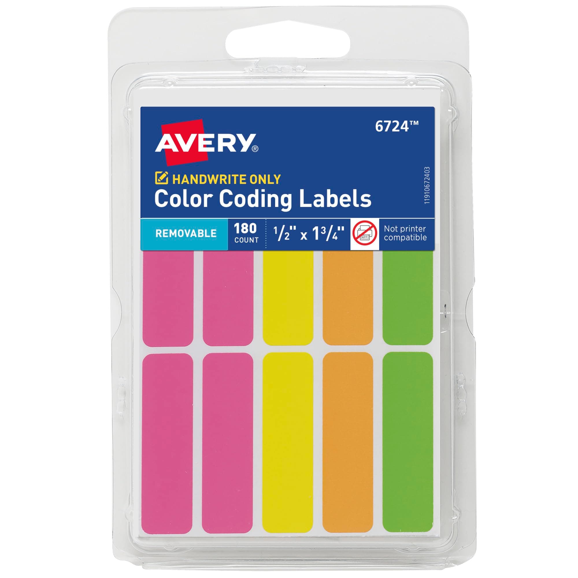 Avery Color-Coding Removable Labels, 1/2" x 1-3/4", Assorted Neon Colors, Non-Printable, 180 Blank Labels Total (6724)