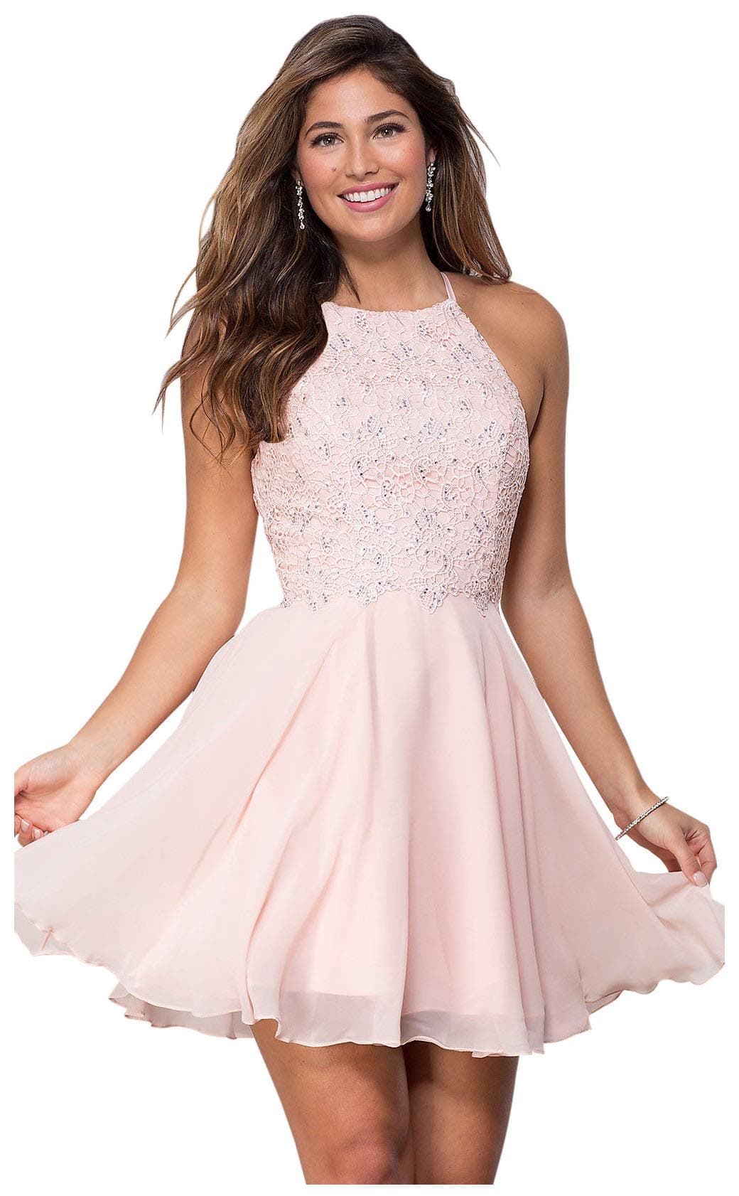 Women's Open Back Beaded Chiffon Lace Homecoming Dress Halter Short Ball Gown Blush Pink Size 8