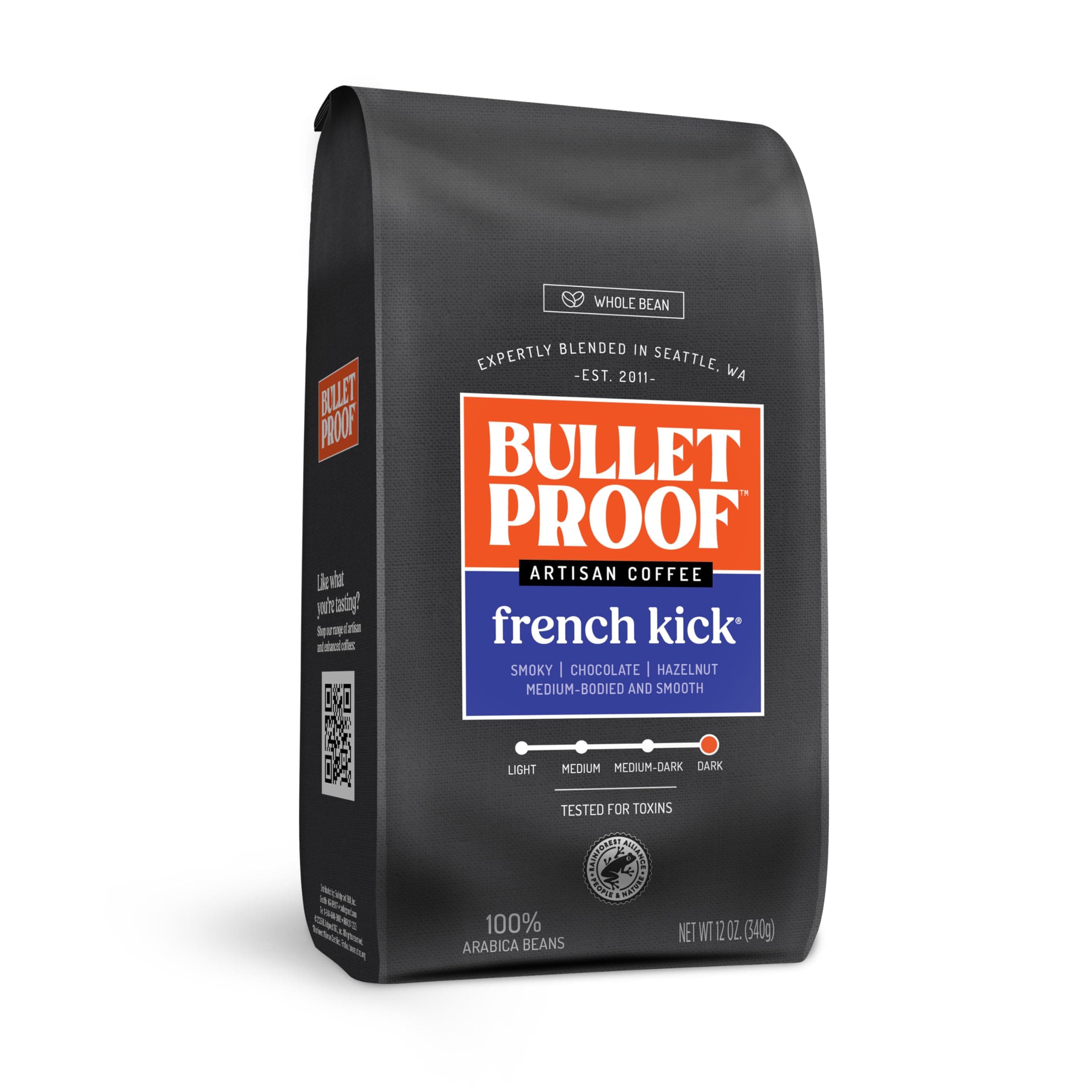 French Kick Dark Roast Whole Bean Coffee, 12 Ounces, Clean Coffee Tested for Toxins