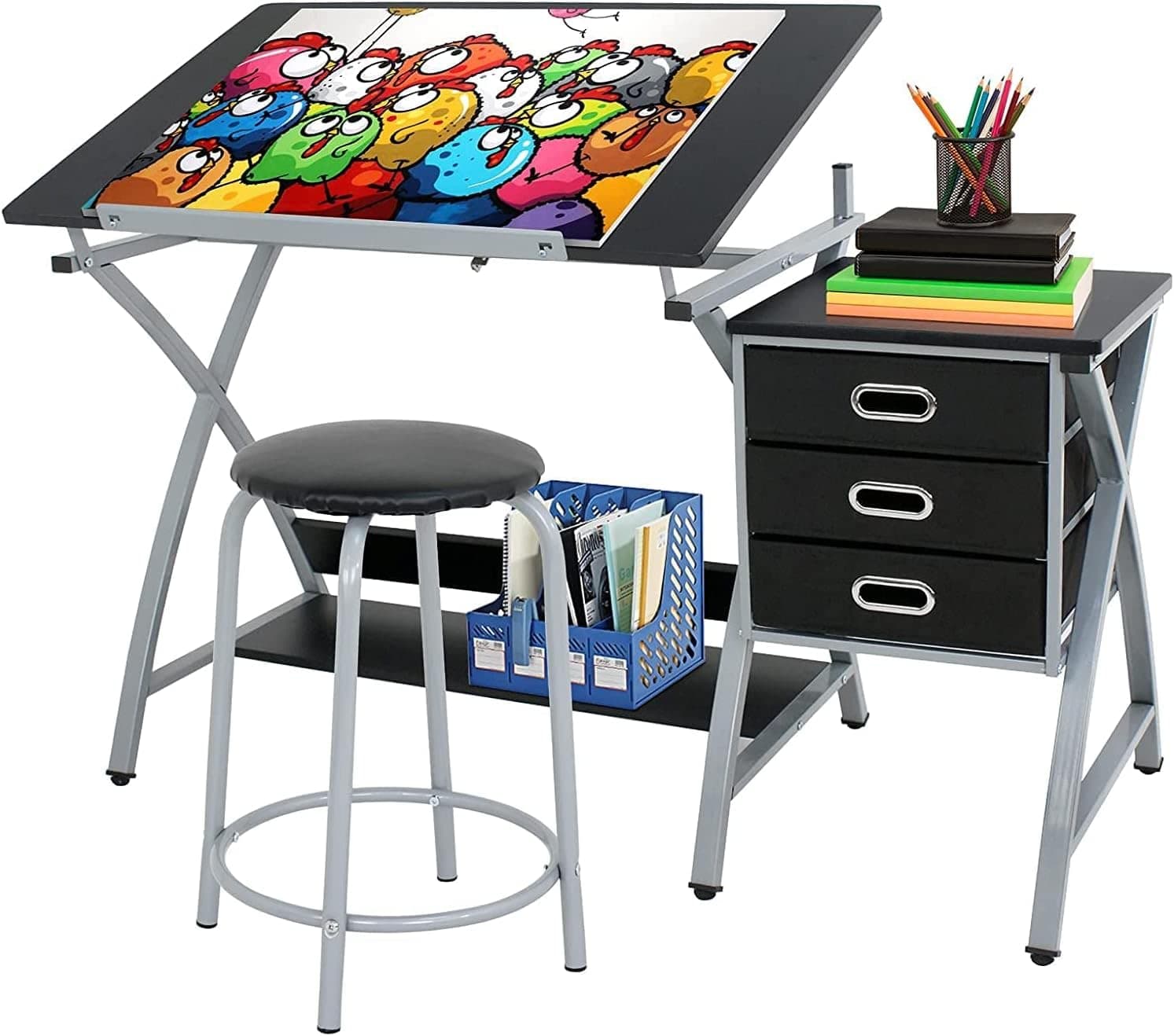 Drafting Table Drawing Desk Art Craft Adjustable Tabletop Craft Table w/ 3 Slide Drawers and Stool Set Art Design Workstation for Writing, Painting, Sketching for Home Office, Black
