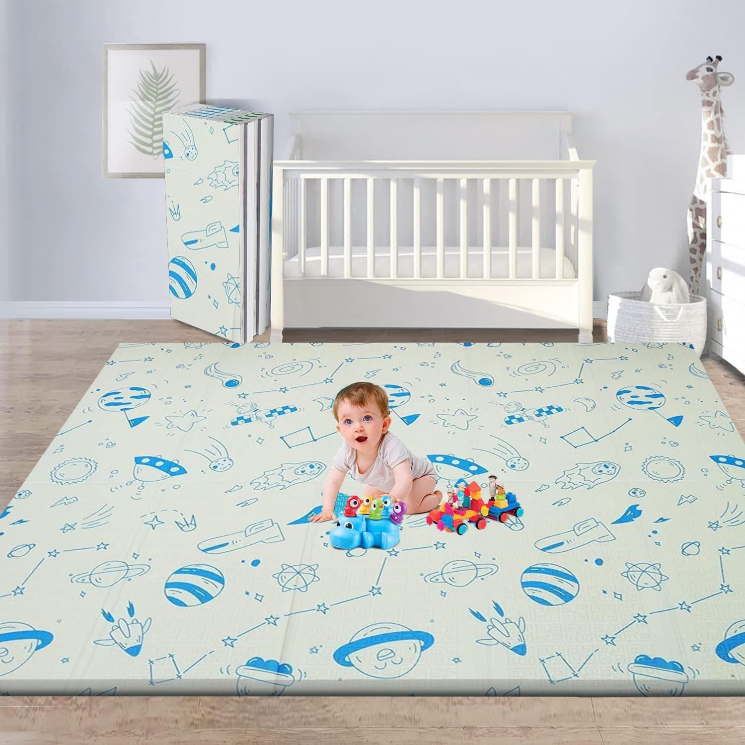 Junior Kingdom Play Mat (200cm X 180cm X 1cm) Playmat Play Babies Extra Thick Crawling Mat Water Proof and Reversible Large Soft for Toddler (Blue-Space & Alphabets)
