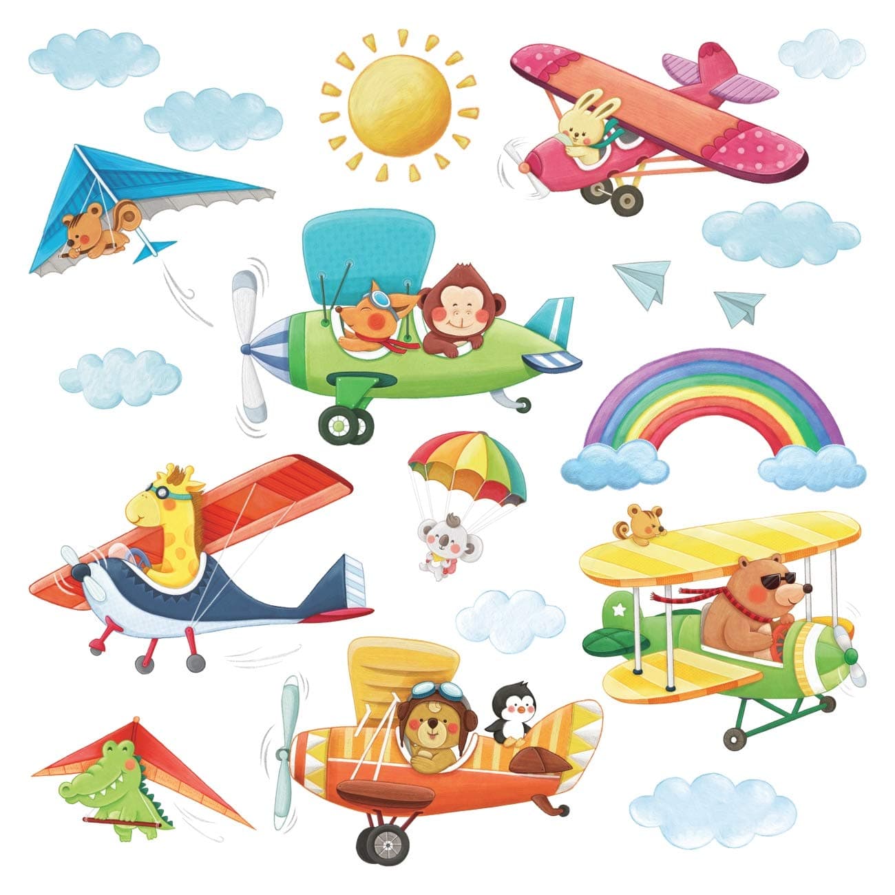 DECOWALL DS-8026 Animal Biplanes (Small) Kids Wall Stickers Decals Peel and Stick Removable for Nursery Bedroom Living Room Art murals Decorations