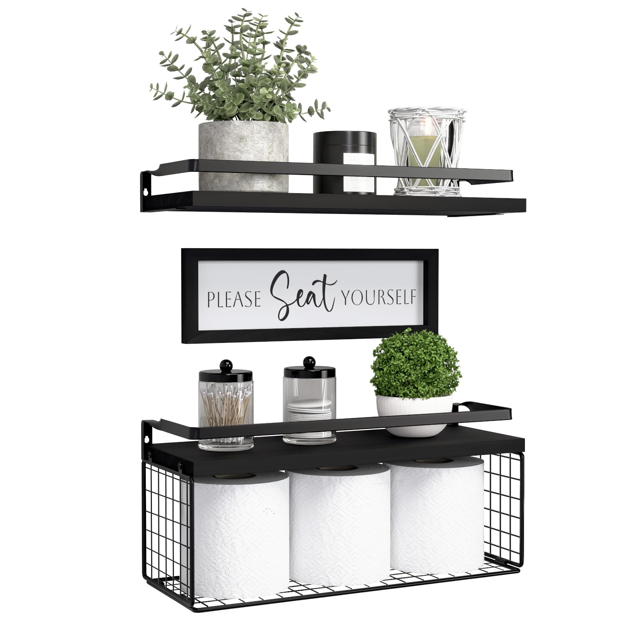 Floating Shelves with Wall Décor Sign, Bathroom Shelves Over Toilet with Wire Storage Basket, Wood Wall Shelves with Protective Metal Guardrail– Black