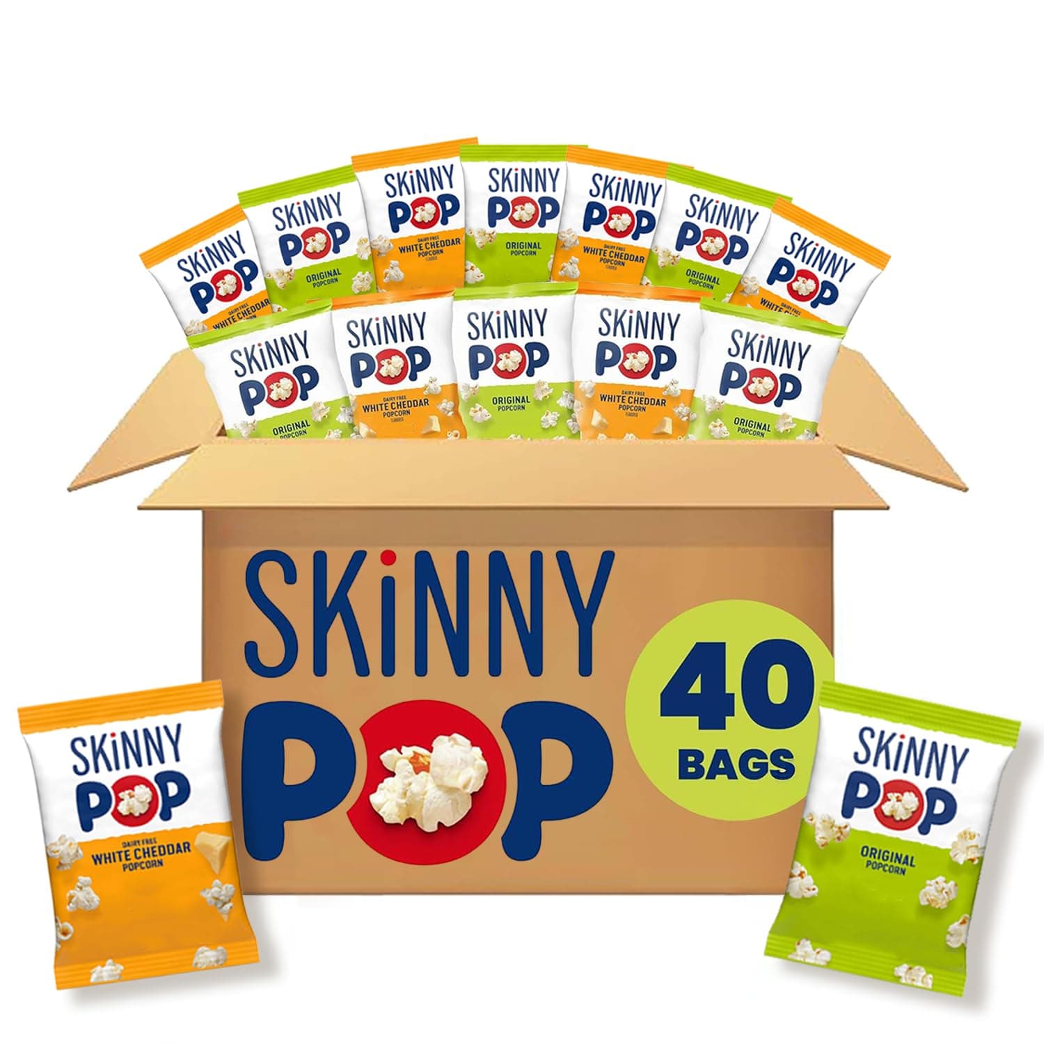 SkinnyPop Popcorn, Original and White Cheddar Variety Pack, Whole Grain, Dairy-Free Snack, 0.5oz (40ct)