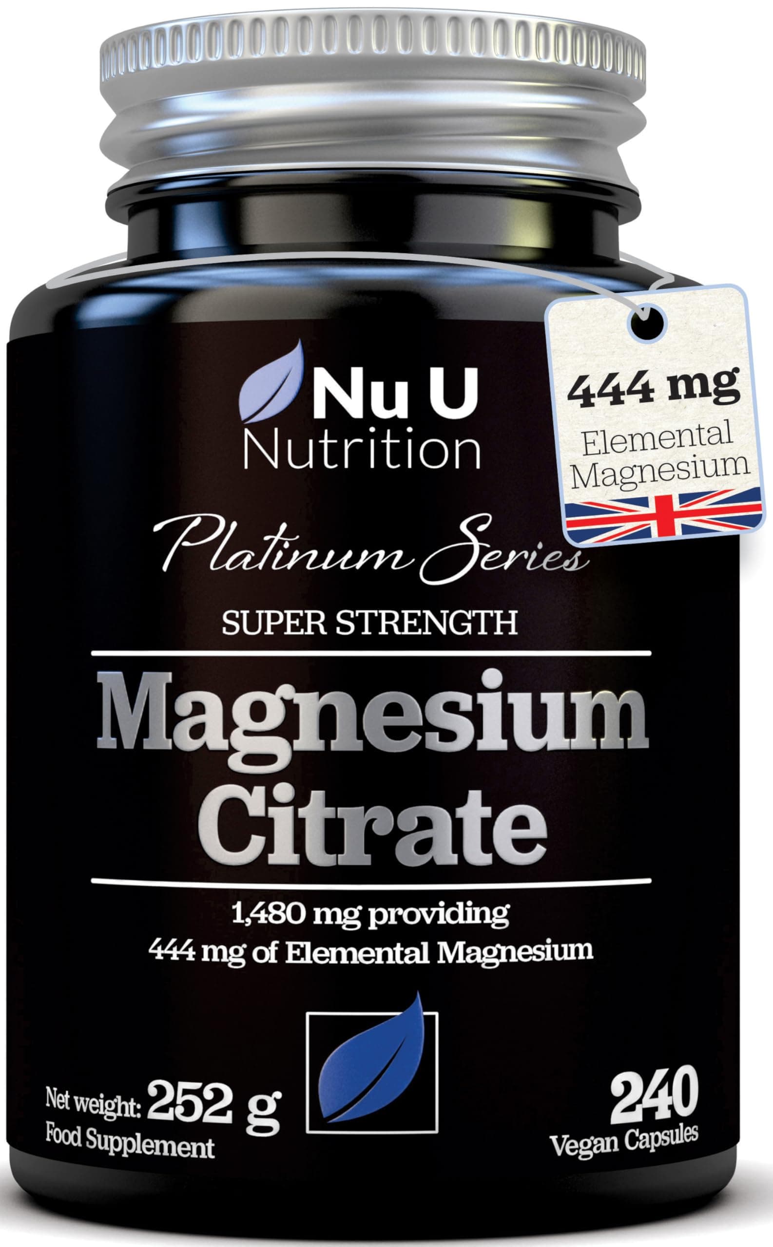 Nu U Nutrition Magnesium Citrate 1480mg - 240 Vegan Capsules not Tablets - 444mg of Elemental Magnesuim per Serving - 4 Month Supply - High Strength Mag Supplement - Made in the UK