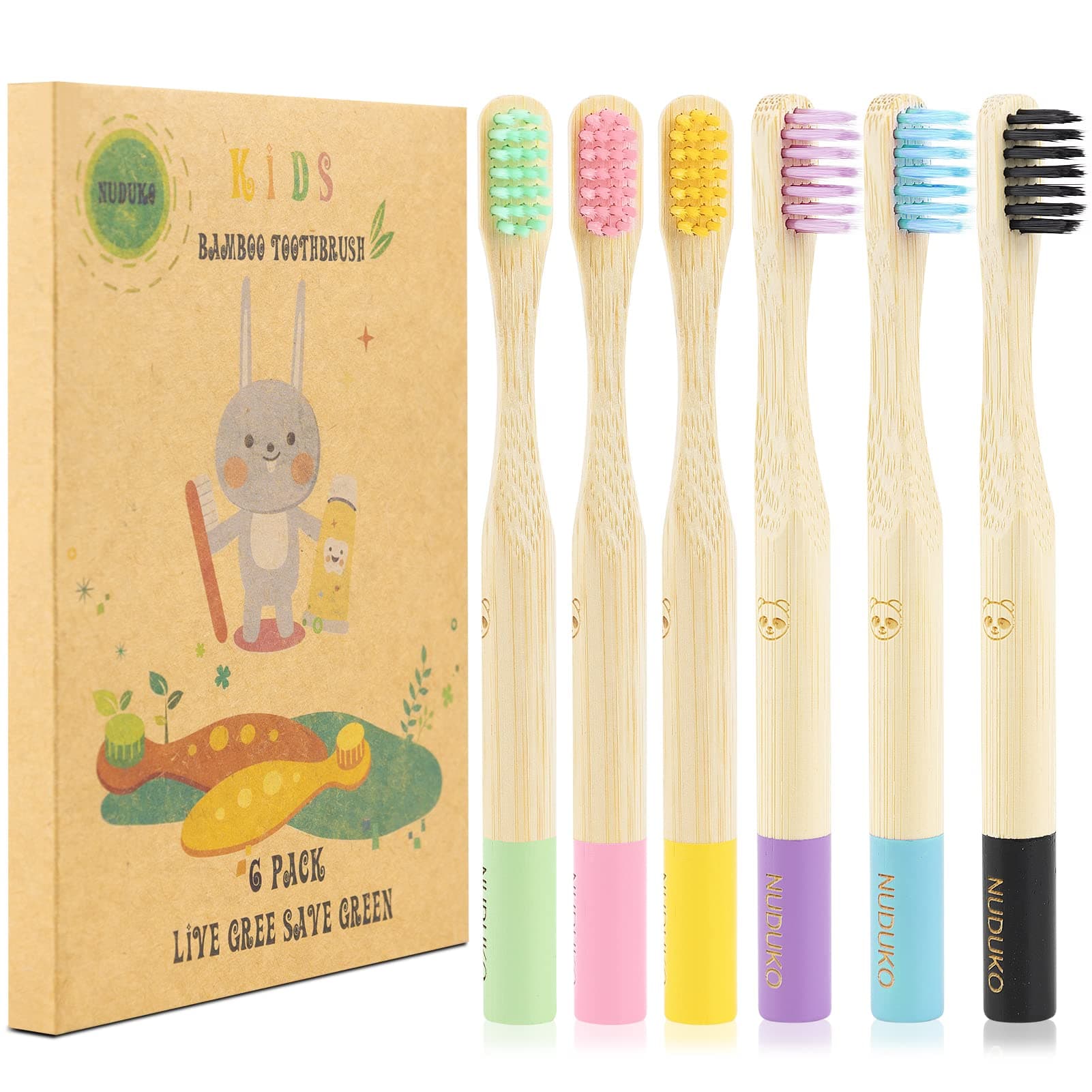 Kids Toothbrush Bamboo Toothbrushes 6 Pack - Organic Tooth Brush Wooden Baby Toddler Toothbrush, Eco-Friendly Natural Biodegradable Soft Bristle Toothbrush for Children, Round Handle