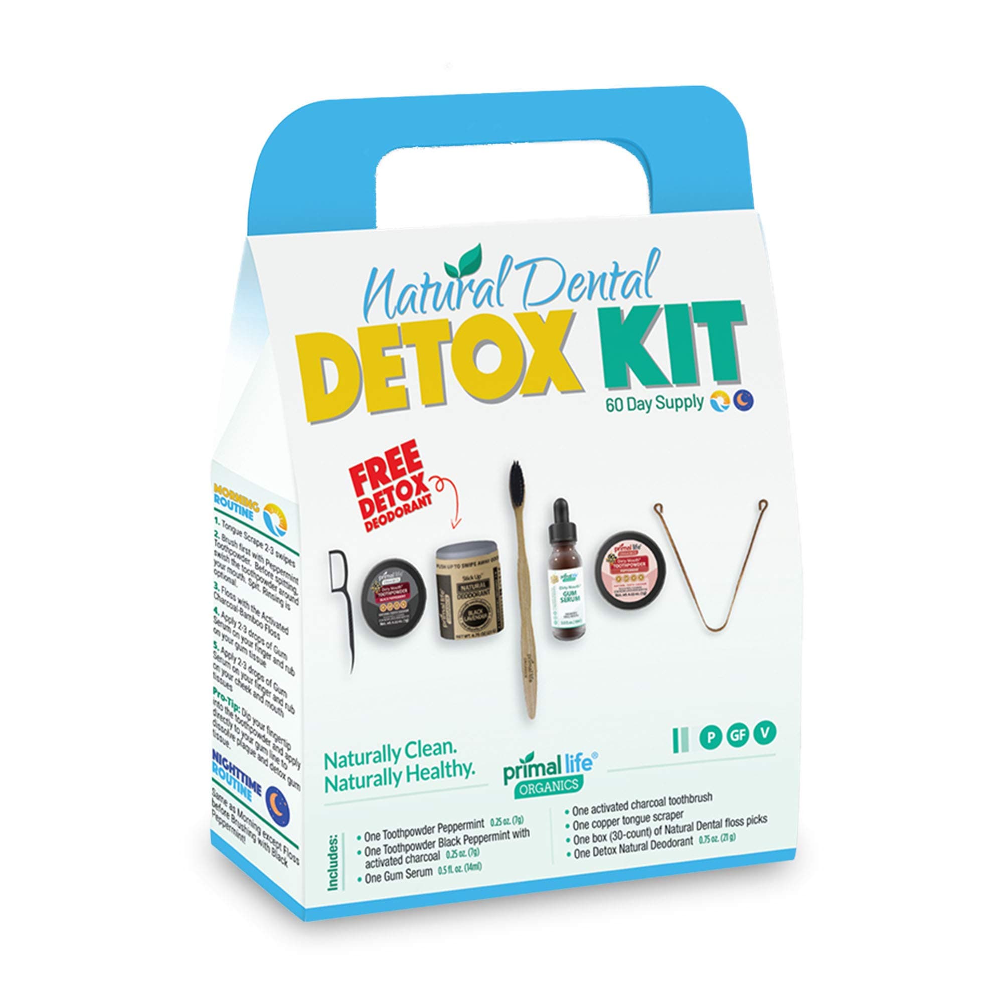 Dental Detox Kit with Dirty Mouth Toothpowder Peppermint, Charcoal Tooth Powder, Bamboo Toothbrush and Floss Picks, Tongue Scraper, Gum Serum, 60-Day Supply - Primal Life Organics