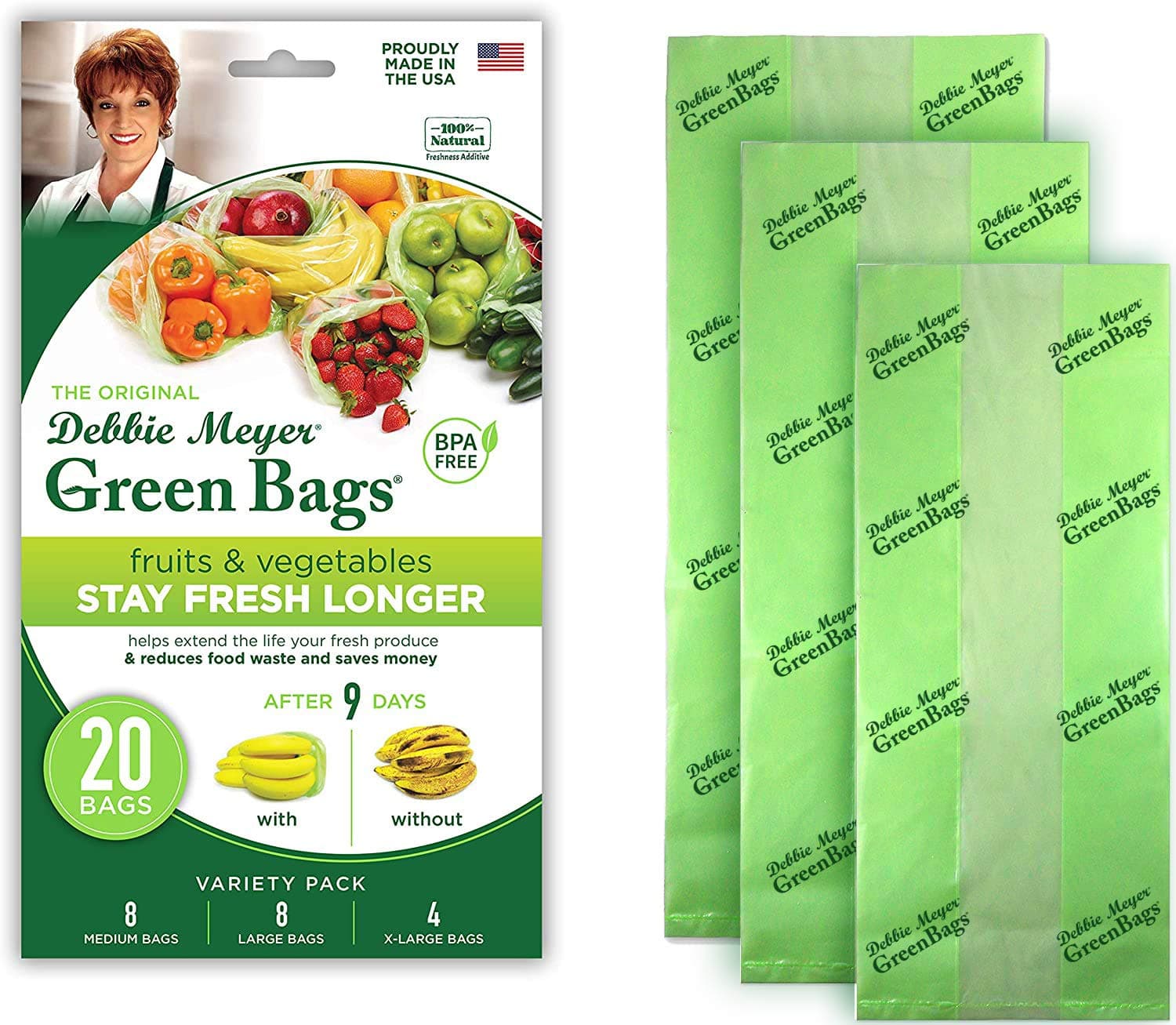 GreenBags 20-Pack (8M, 8L, 4XL) | Reusable Storage Bags Keeps Fruit, Vegetables, Produce, Cut Flowers Fresh Longer, Kitchen & Fridge Preservation Solution, BPA Free, Made in the USA