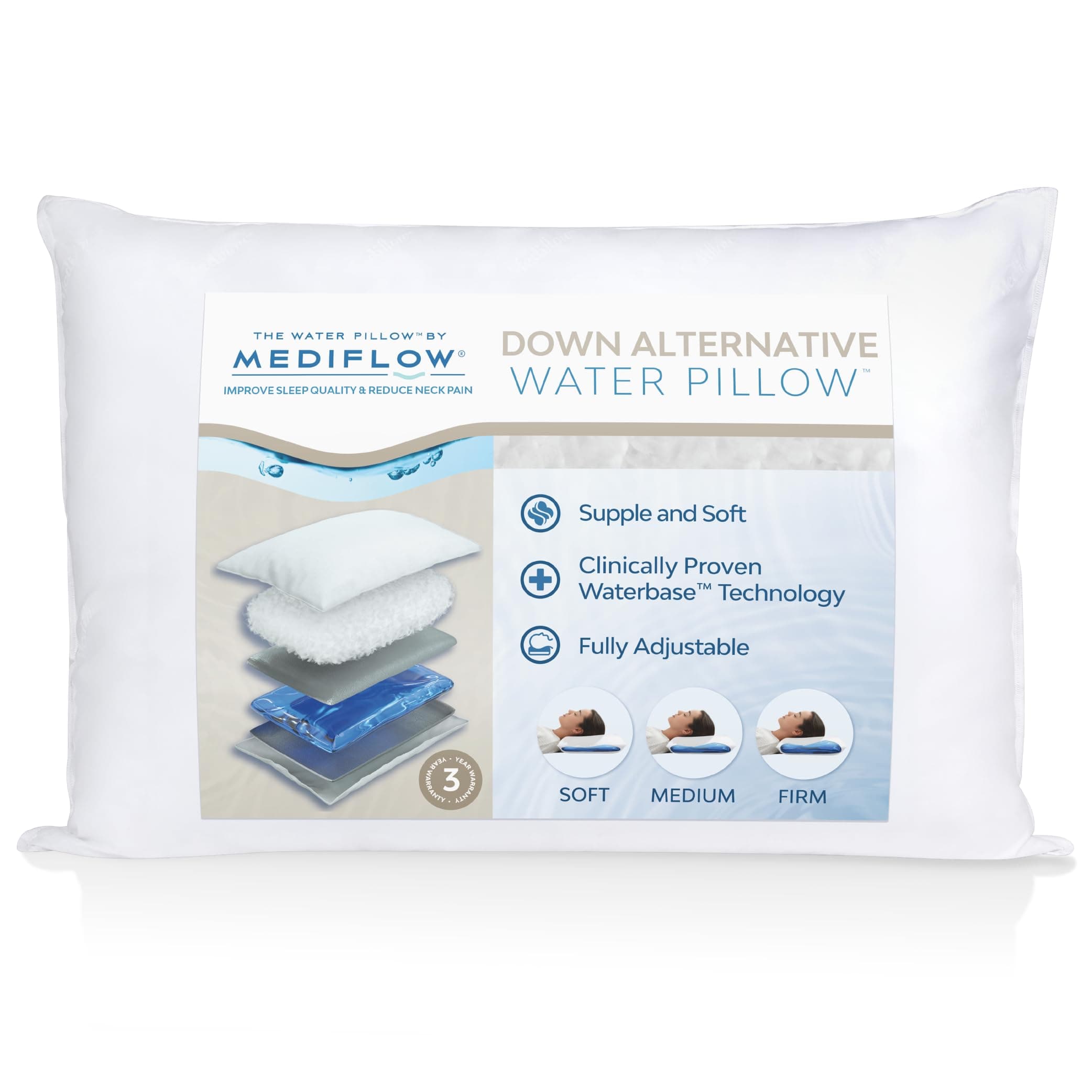 Down Alternative Water Pillow – Adjustable for Neck Pain Relief, Side, Back, and Stomach Sleepers, The Original Inventor of The Water Pillow