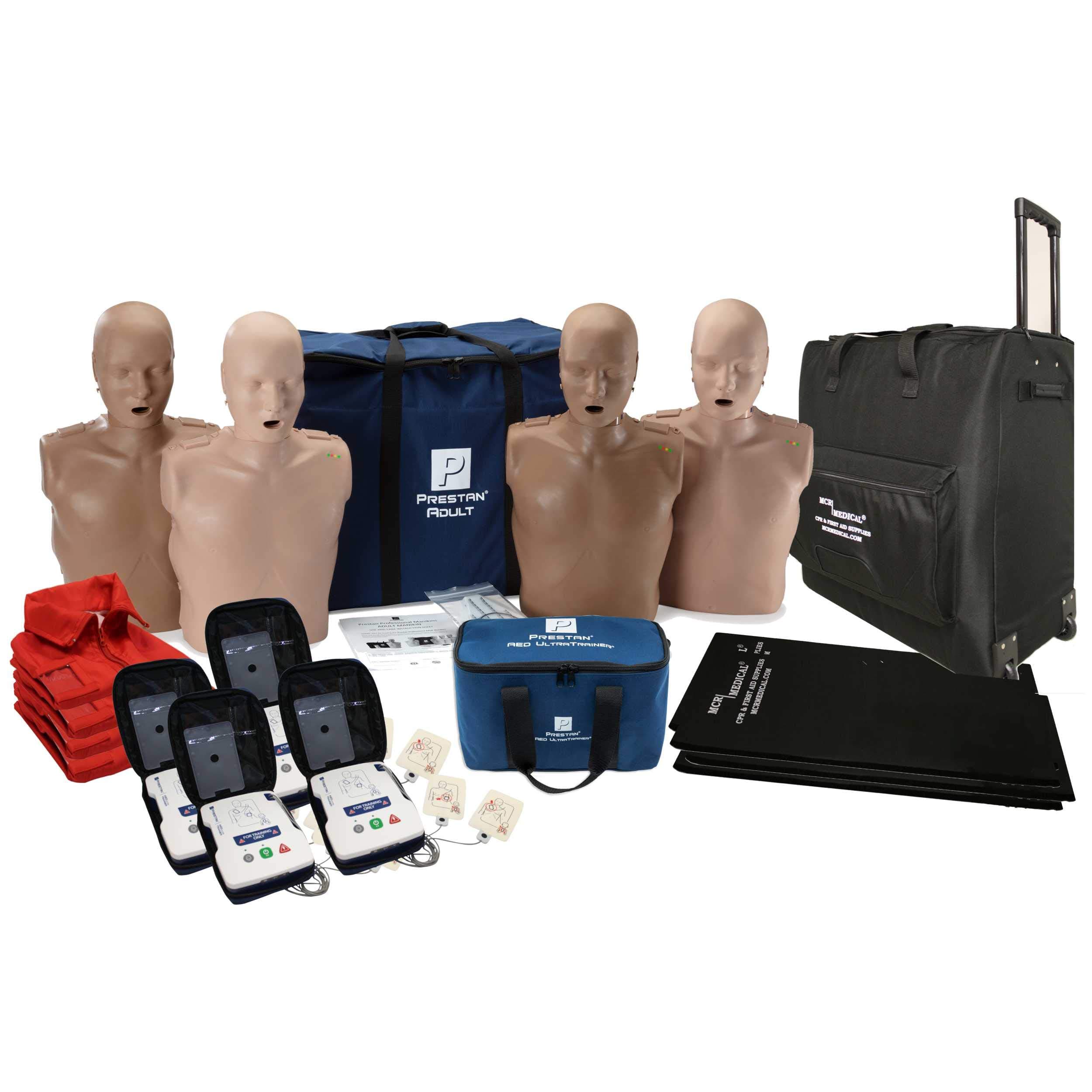 Prestan CPR Adult Manikin Diversity Kit Pack of 4 with Feedback, AED UltraTrainers, Carry Bag with Wheels