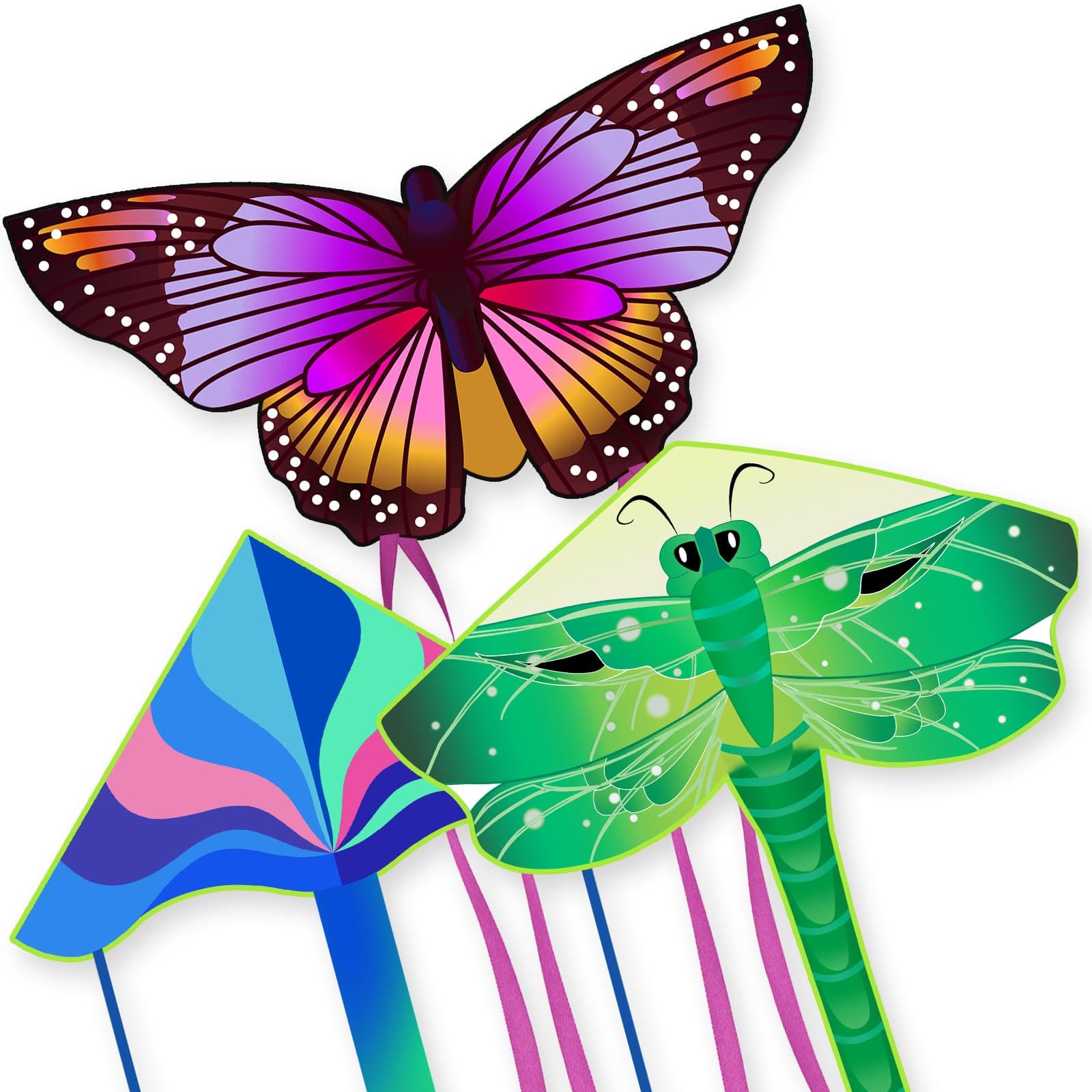 3 Pack Large Kites - Butterfly Delta Dragonfly Kites Easy to Fly for Adults Kids Beach Park Outdoor Game Activities, Gifts for Easter and Festival