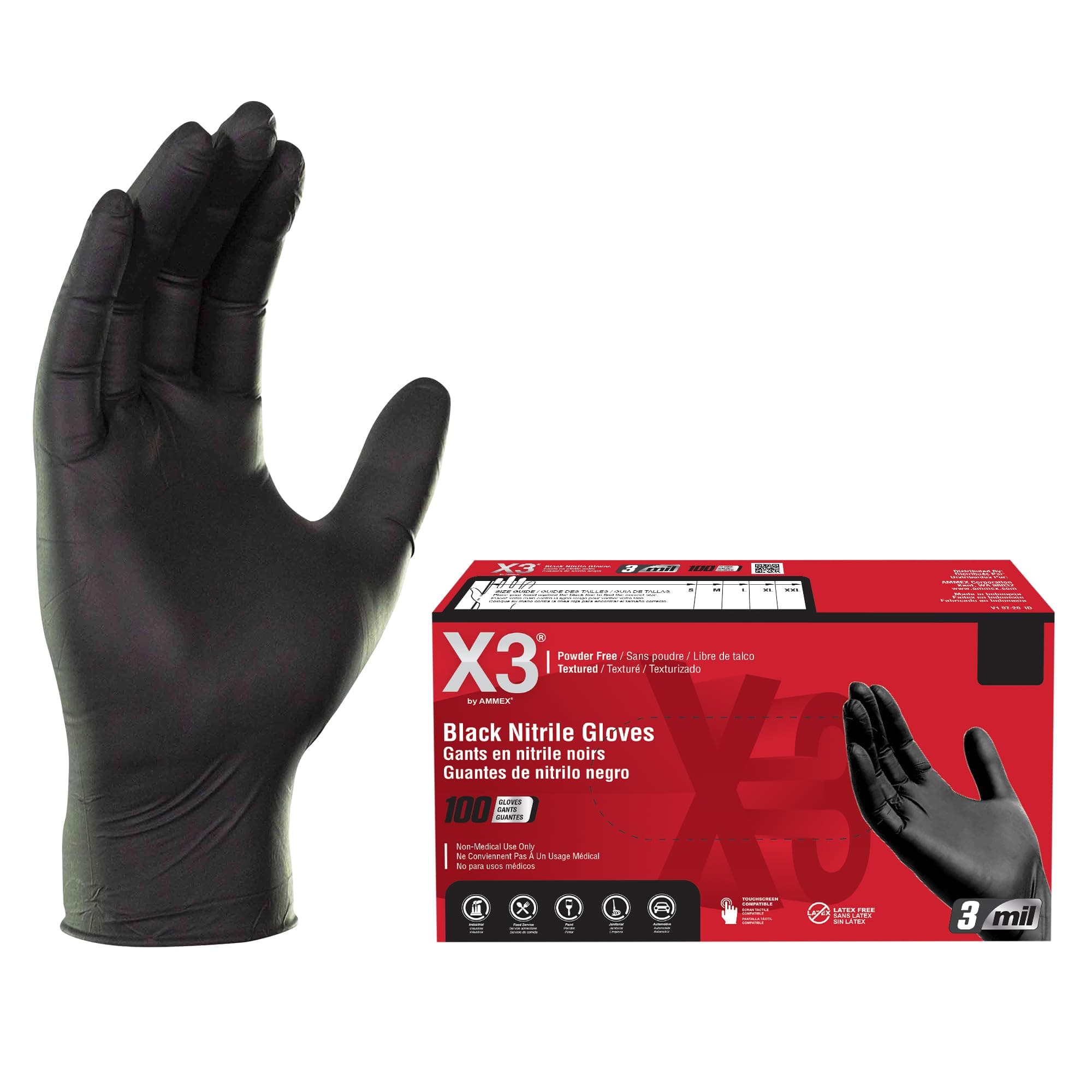 X3 AMMEX - BX348100-BX - Nitrile Gloves - Disposable, Powder Free, Latex Free, 3 mil, Food Safe, XLarge, Black (Box of 100)