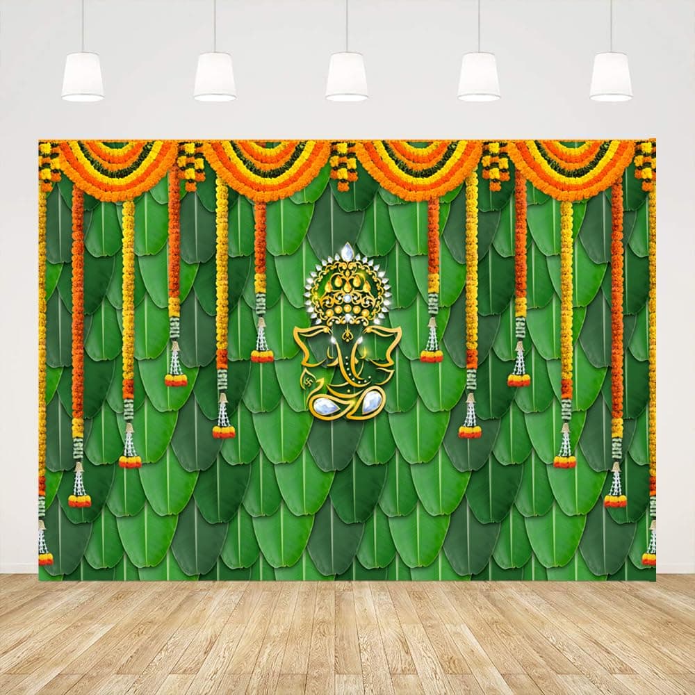 Ticuenicoa India Pooja Traditional Backdrop 7x5ft Banana Leaf Green Chatiya Ganesh Photography Background Puja Ganpati Pooja Mehndi backdrops Wedding Party Decorations Marigold Garlands Photo Props