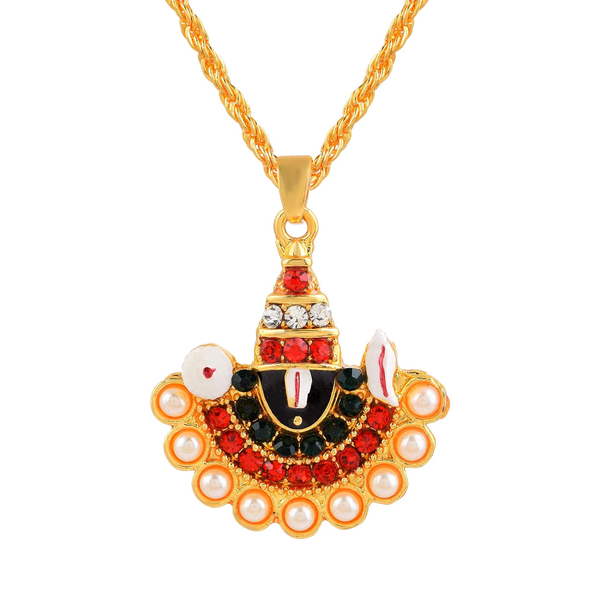 Morir Multi-Coloured Embellished with Goldwork Hindu God Lord Venkateswara Thirupathi Balaji/Tirupati Pendant Locket Temple Jewelry for Unisex