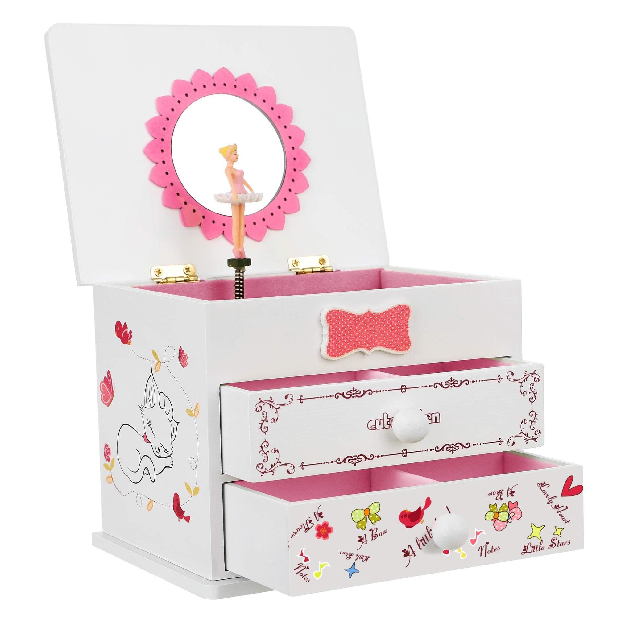 SONGMICS Ballerina Music Jewelry Box for Little Girls, Cartoon Cat, Fur Elise Melody, 5.9"L x 4.5"W x 4.8"H, White