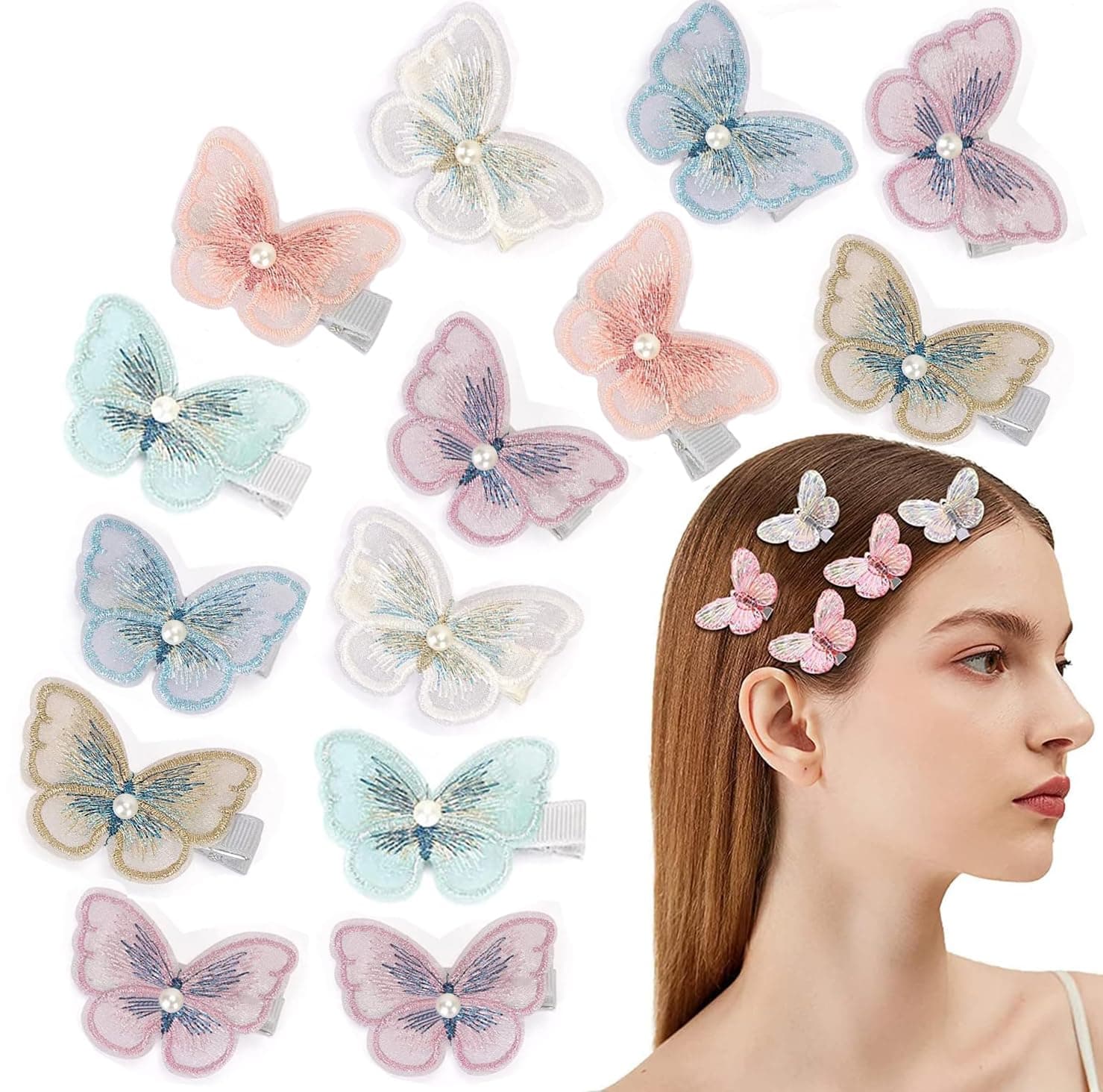 Tuklye Amzuia 16 Pieces Butterfly Hair Clips，Cute Pearl Butterfly Hairpin for Women Hair Bow Duckbill Clip Girls Kids Children Barrette Headdress Gauze Hair Accessories, 8 Assorted Colors