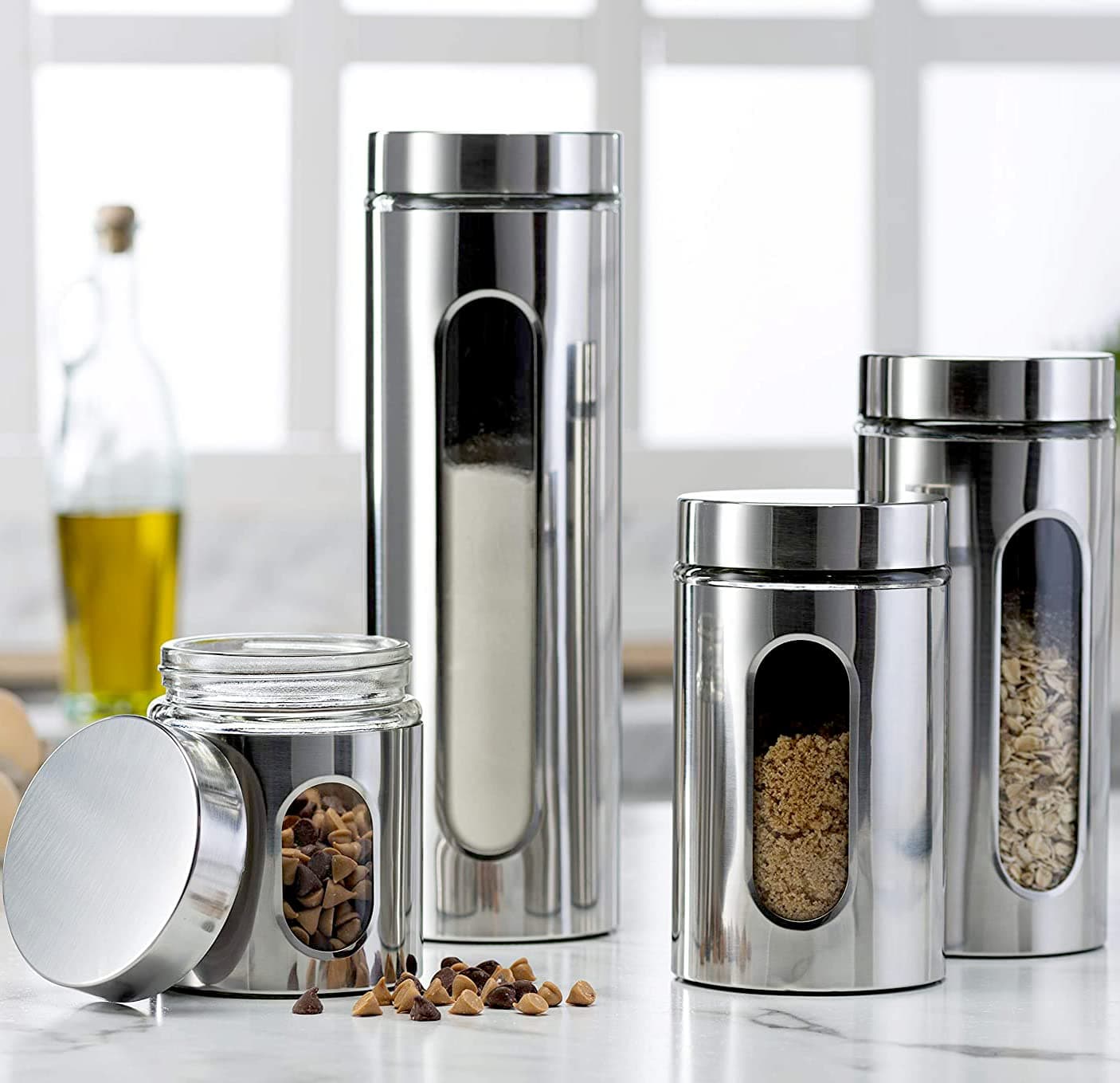 Le'raze Quality Stainless Steel Canister Set for Kitchen Counter with Glass Window & Airtight Lid - Food Storage Containers with Lids Airtight - Pantry Storage and Organization Set