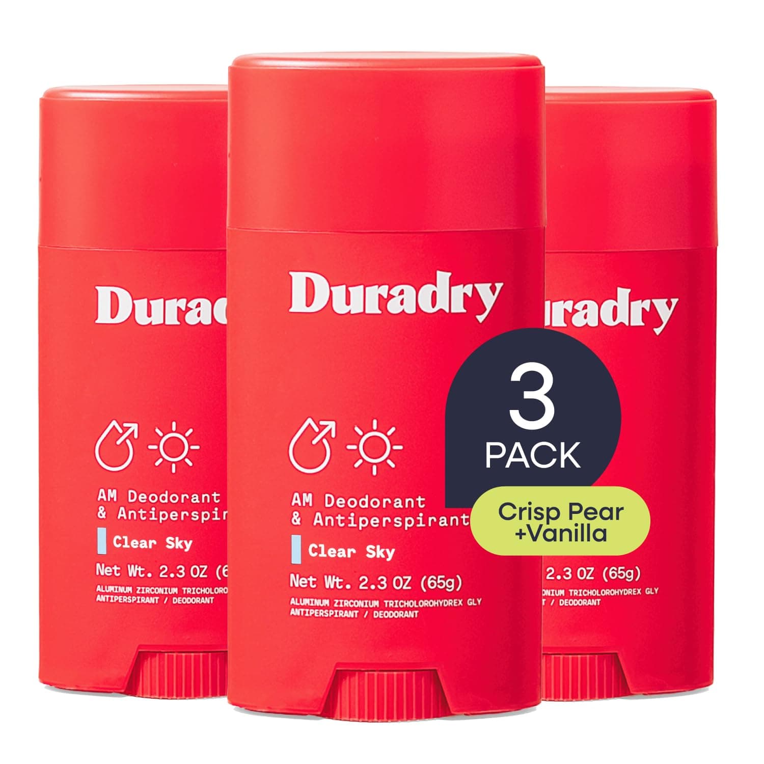 Duradry Clinical-Strength Antiperspirant for Women and Men – Clean formula with natural ingredients for armpit odor and excessive sweat protection –Clear Sky (Crisp Pear + Vanilla), 3-Pack.