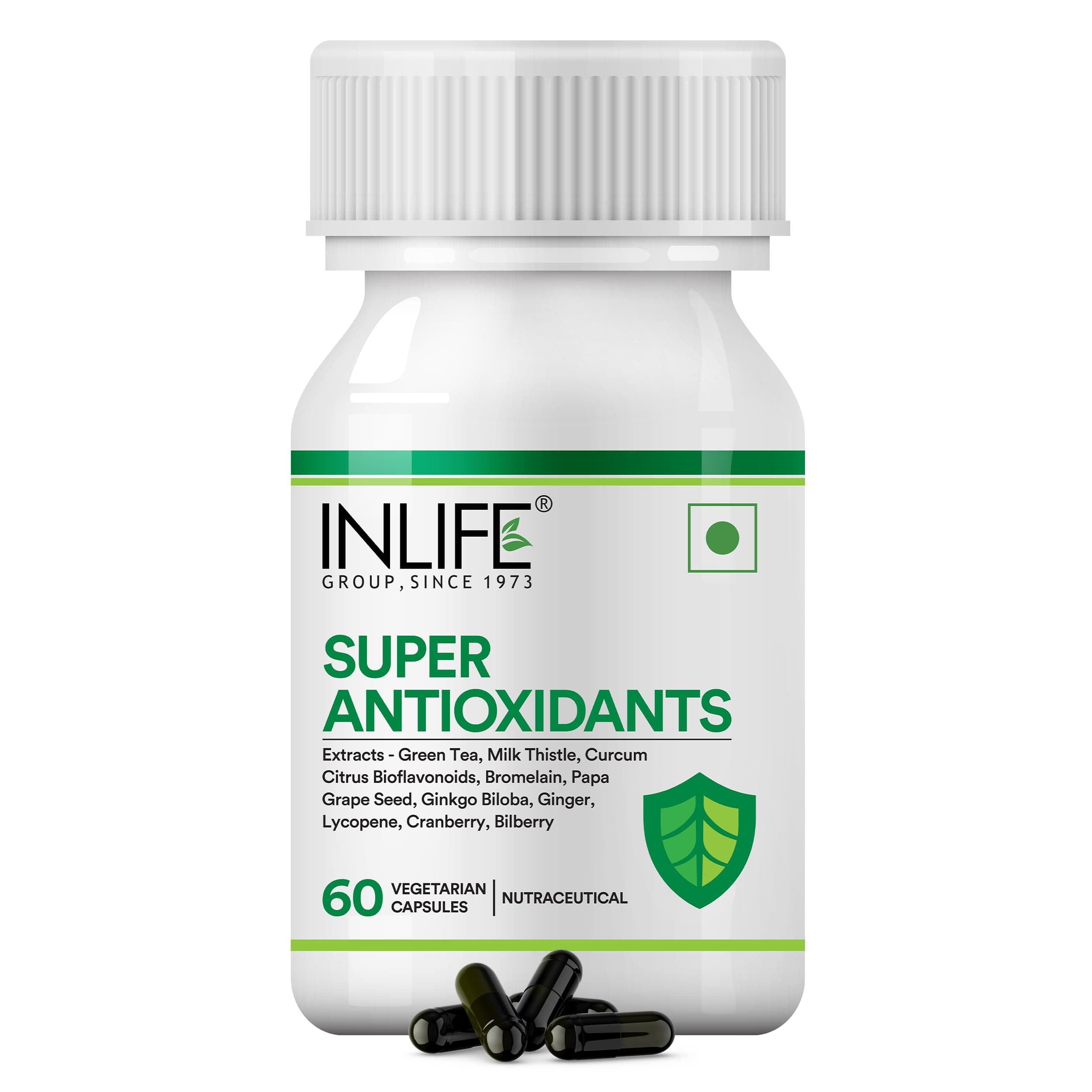 INLIFE Super Antioxidant Supplement Lycopene, Green Tea, Milk Thistle, Curcumin, Grape Seed, Ginkgo Biloba, Ginger, Cranberry, Alpha Lipoic Acid, Lutein, Zeaxanthin - Pack of 60 Vegetarian Capsules
