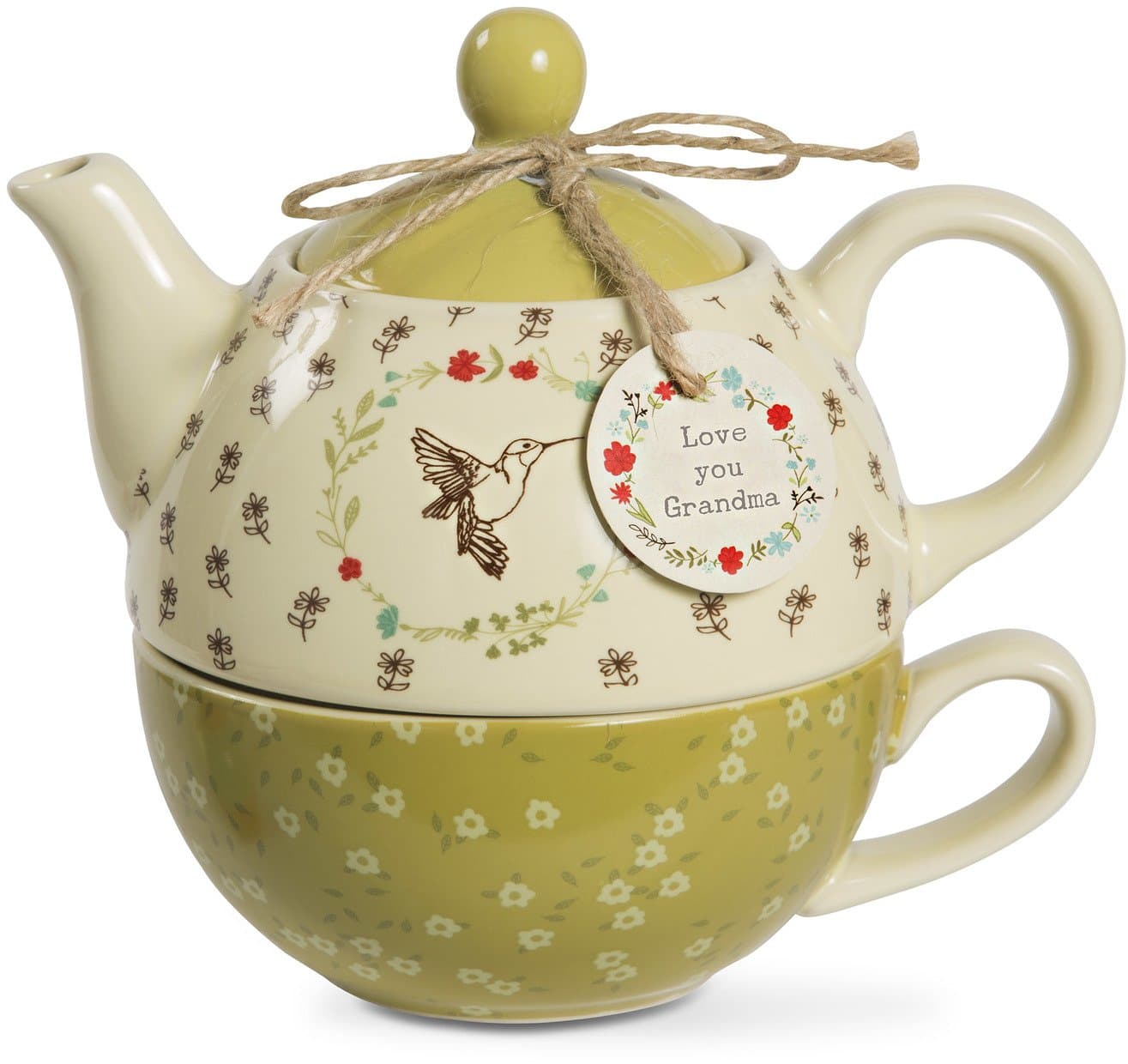 Live Simply - Love you Grandma Green Floral Hummingbird Teapot and Teacup for One Set