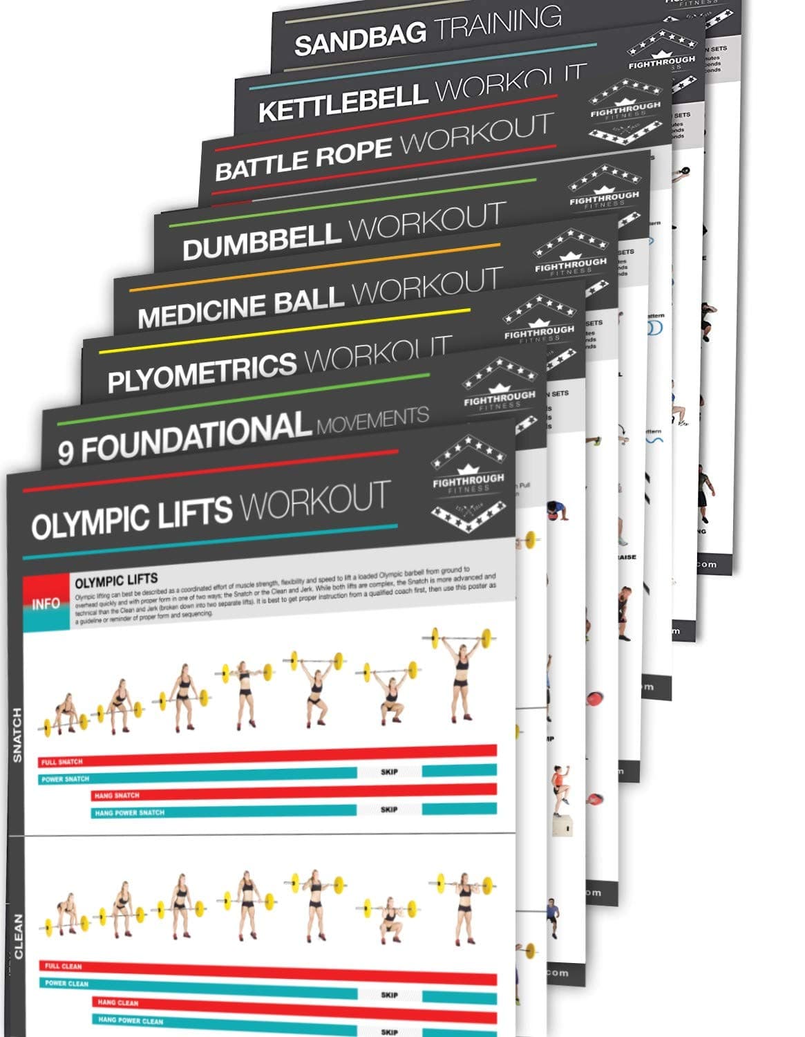 Complete Garage Gym Laminated Poster Set of 8 / Chart - Strength & Cardio Training - Core - Chest - Legs - Shoulders - Back - Build Muscle, Tone & Tighten - 18”x24
