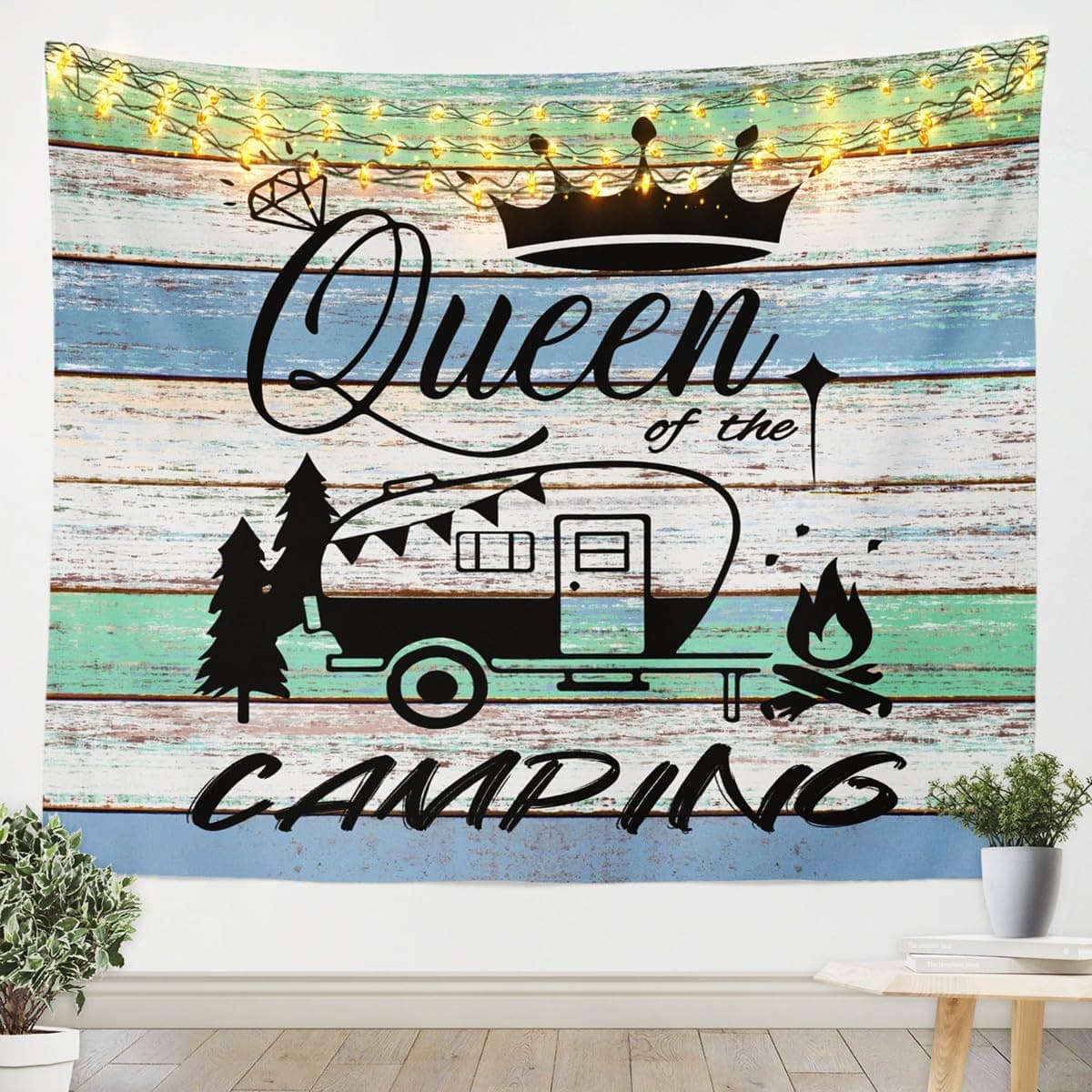 Feelyou Camper Tapestry Medium 59"x59" Kids Happy Camping Wall Blanket for Boys Teens Woood Grain Wall Hanging Queen Print Wall Art Room Decor