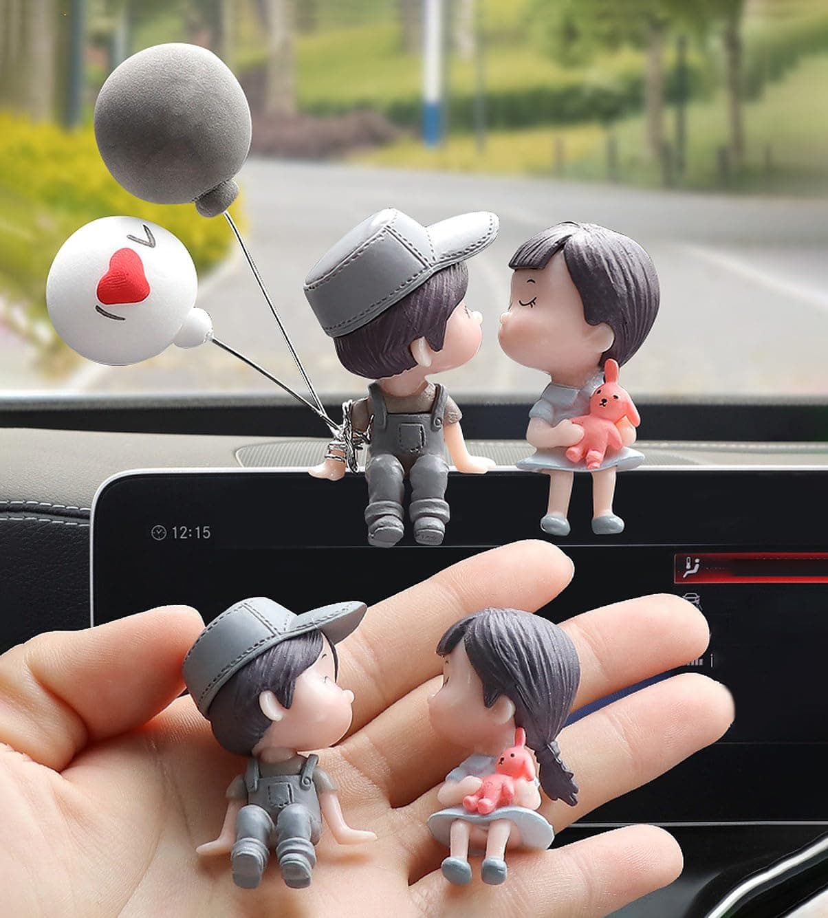 wolpin Cute Love Couple Car Dashboard Decor (9 x 3 x 5 CM) | I Love You Balloon Mini Showpiece for Car Interior Desk Decoration | Small Plastic Ornament | Cute Car Accessories Gift Item