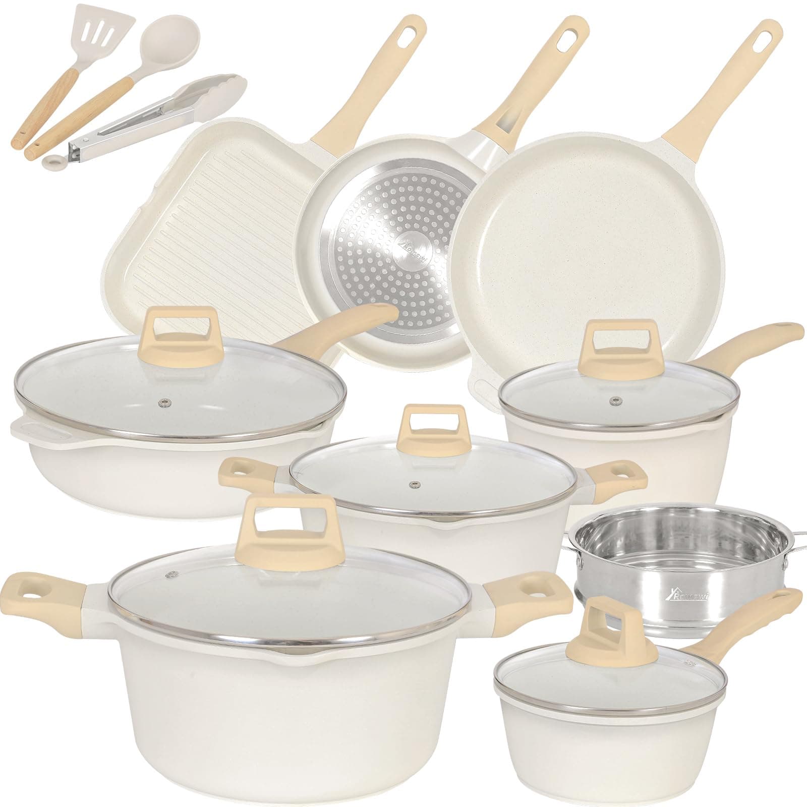 Romswi 23pcs Pots and Pans Set Non Stick, Kitchen Cookware Set with Casserole, Frying & Saucepans, Oven Safe & Stovetop Agnostic Non Toxic Cookware(Gas, Electric & Induction) - White
