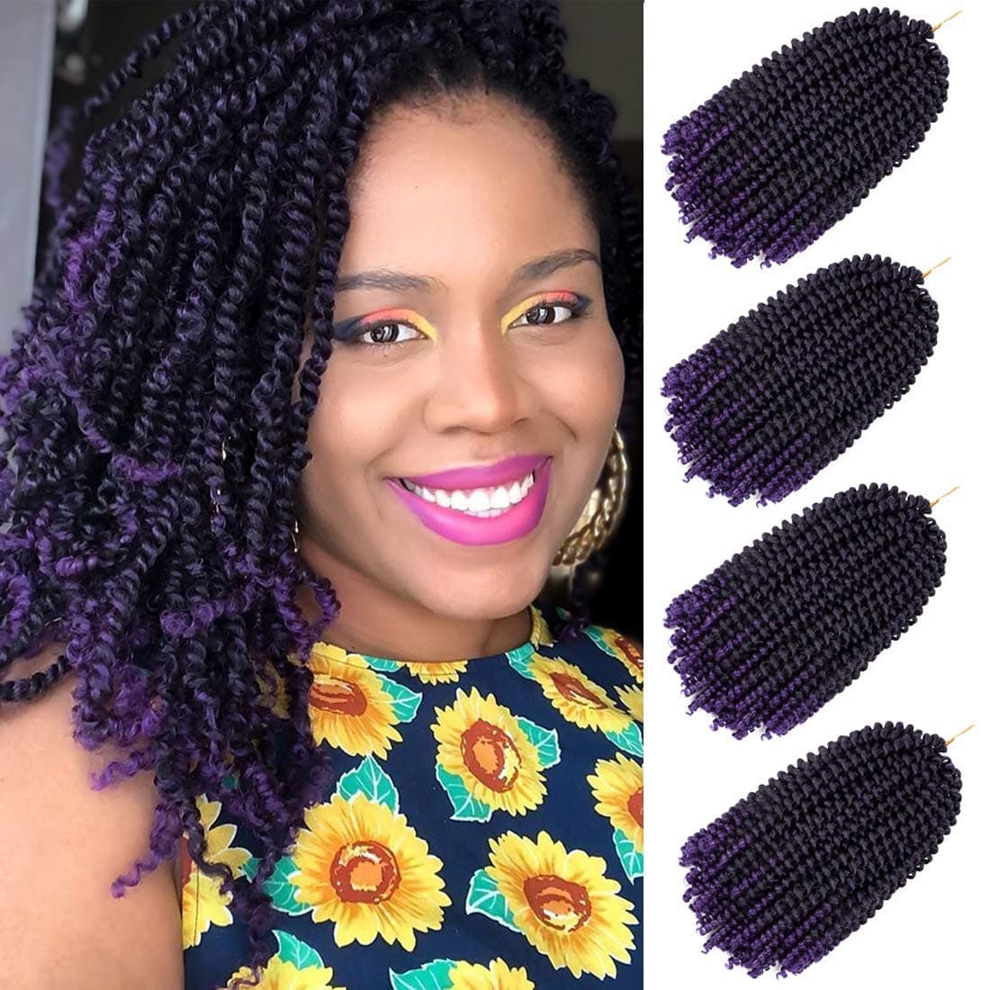 4 Packs Spring Twist Hair 8Inches Spring Twists Crochet Braiding Hair Ombre Colors Synthetic Hair Extensions 30 Strands/Pack, 110g/Pack(T1B/purple,8Inch)