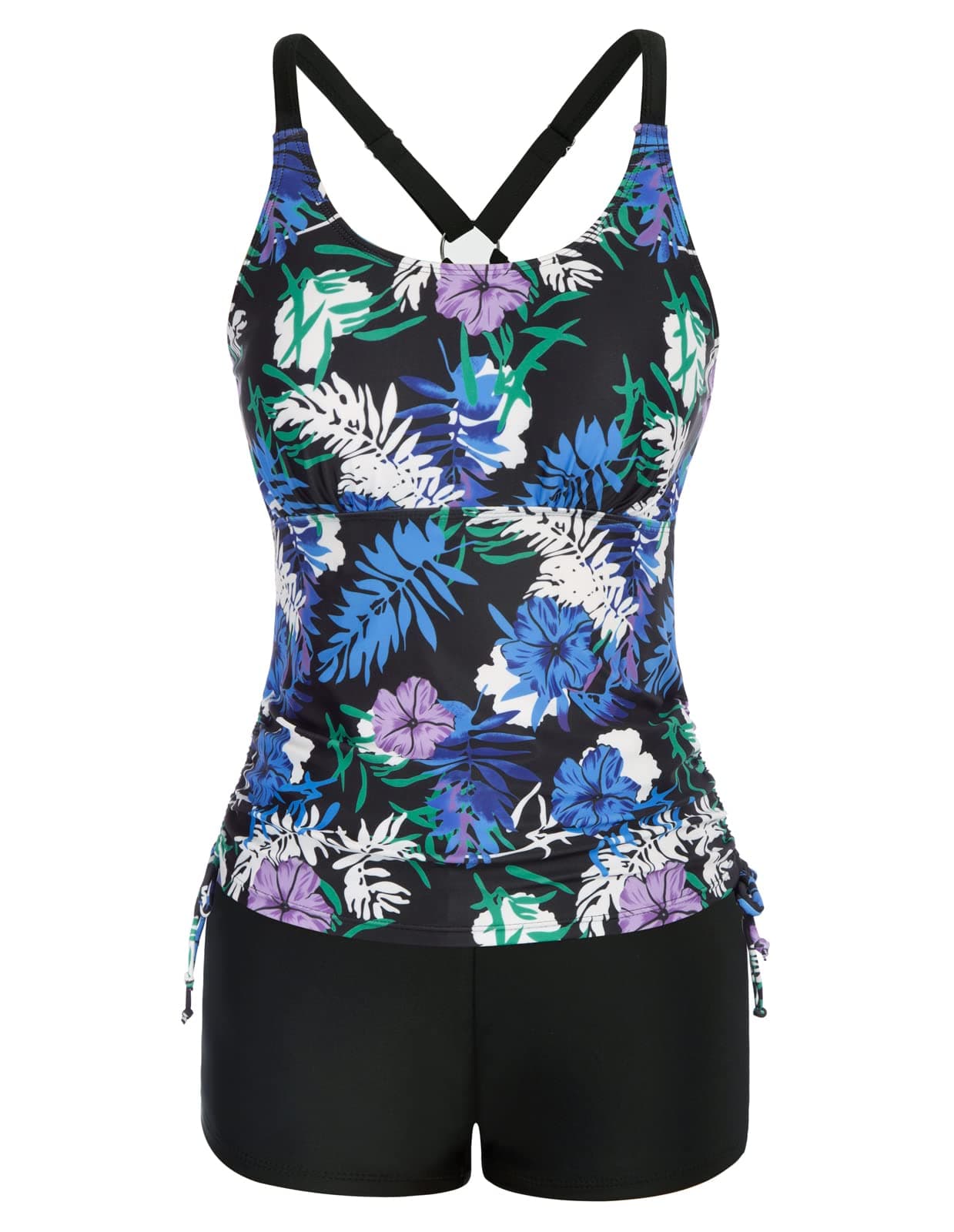 JASAMBACWomen's Strappy Tankini Swimsuits Drawstring Bathing Suits Two Piece Floral Print Swimwear with Shorts