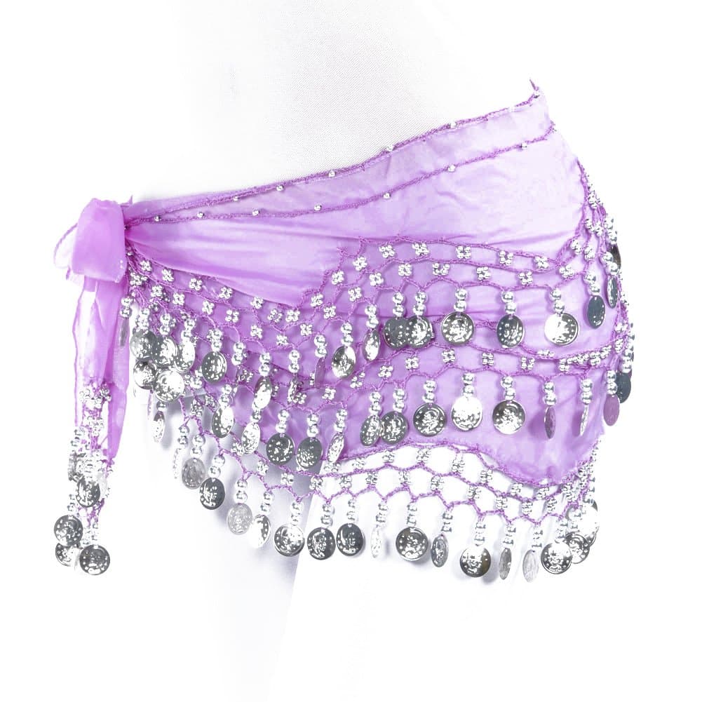 Women Chiffon Dangling Gold Coins Belly Dance Hip Skirt Scarf Wrap Belt (Silver Coin, Light Purple)