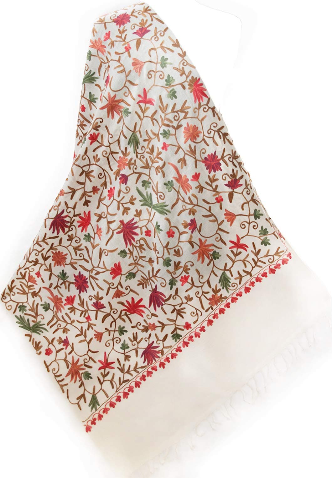 Heritage TradingRed Flowers Green Leaves Brown Vines Crewel Embroidered IvoryWool Pashmina Shawl