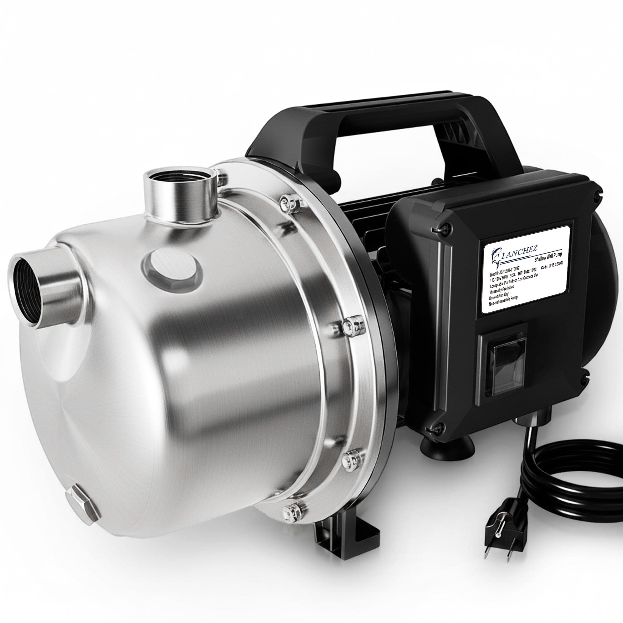 LANCHEZ Shallow Well Pump, Stainless Steel Water Transfer Pump, 115V Garden Irrigation Pump, Water Booster Jet Pump for Home Garden Lawn Farm, Black