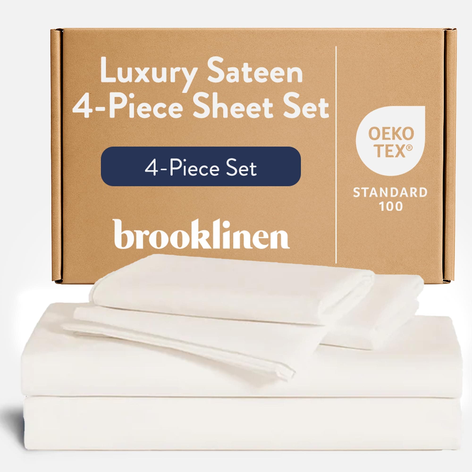 Brooklinen Luxury Sateen 4 Piece Sheet Set - 100% Cotton Bed Sheets, Soft & Durable California King Size Sheets Set in Cream, Oeko-TEX Certified Bedding Set,1 Fitted Sheet,1 Flat Sheet,2 Pillowcases