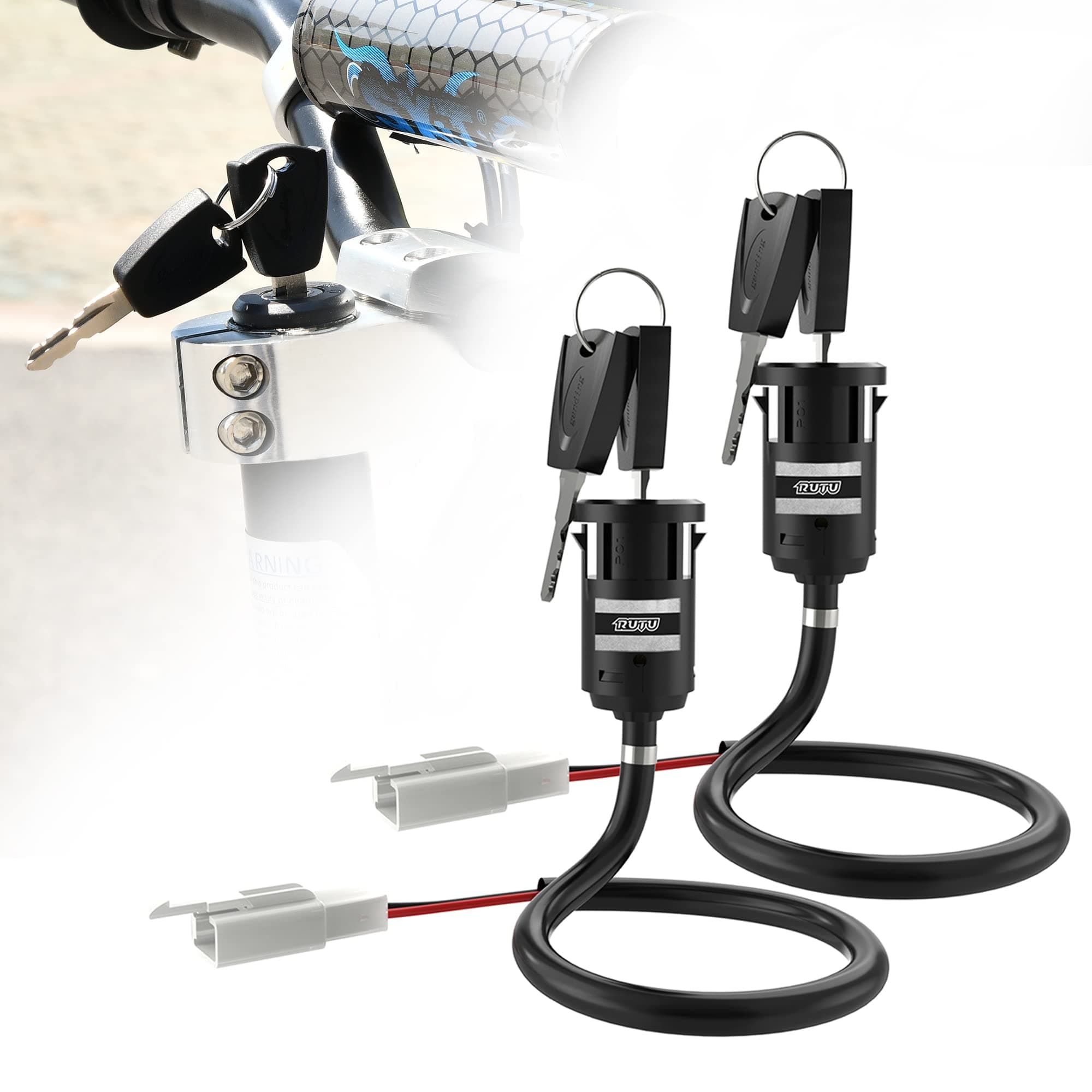 RUTU 2 Wire Motorcycle Ignition Switch with Key - Key Switch Starter Parts for 50cc-125cc Electric Trike and Scooter, Golf Carts, ATV 4 Wheeler Quad - 2-Position, Copper Contacts, Thick Power Cord