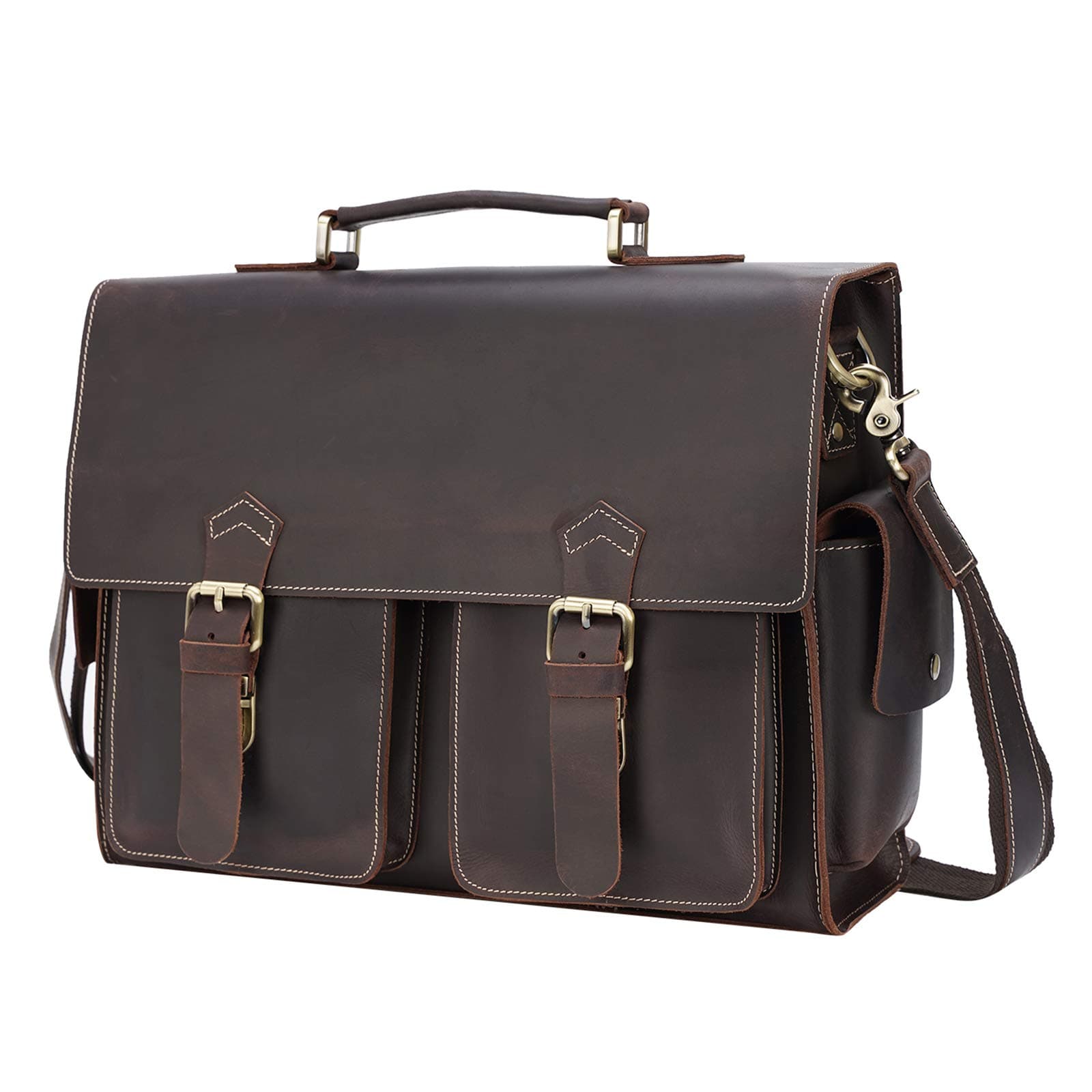 Men's Solid Full Grain Thick Cowhide Leather 17.3" Laptop Messenger Briefcase Bag Tote with YKK Zippers