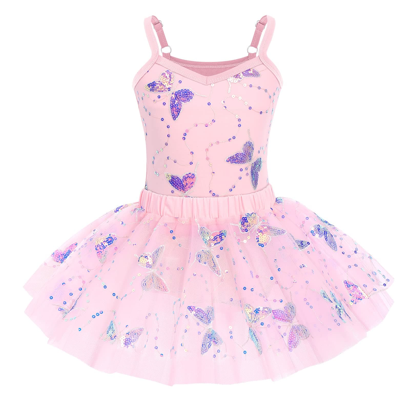 AFAVOMGirls Butterfly Sequin Camisole Ballet Dance Dress Glitter Ruffle Tutu Skirt Leotard Ballerina Costume for Toddler Kid