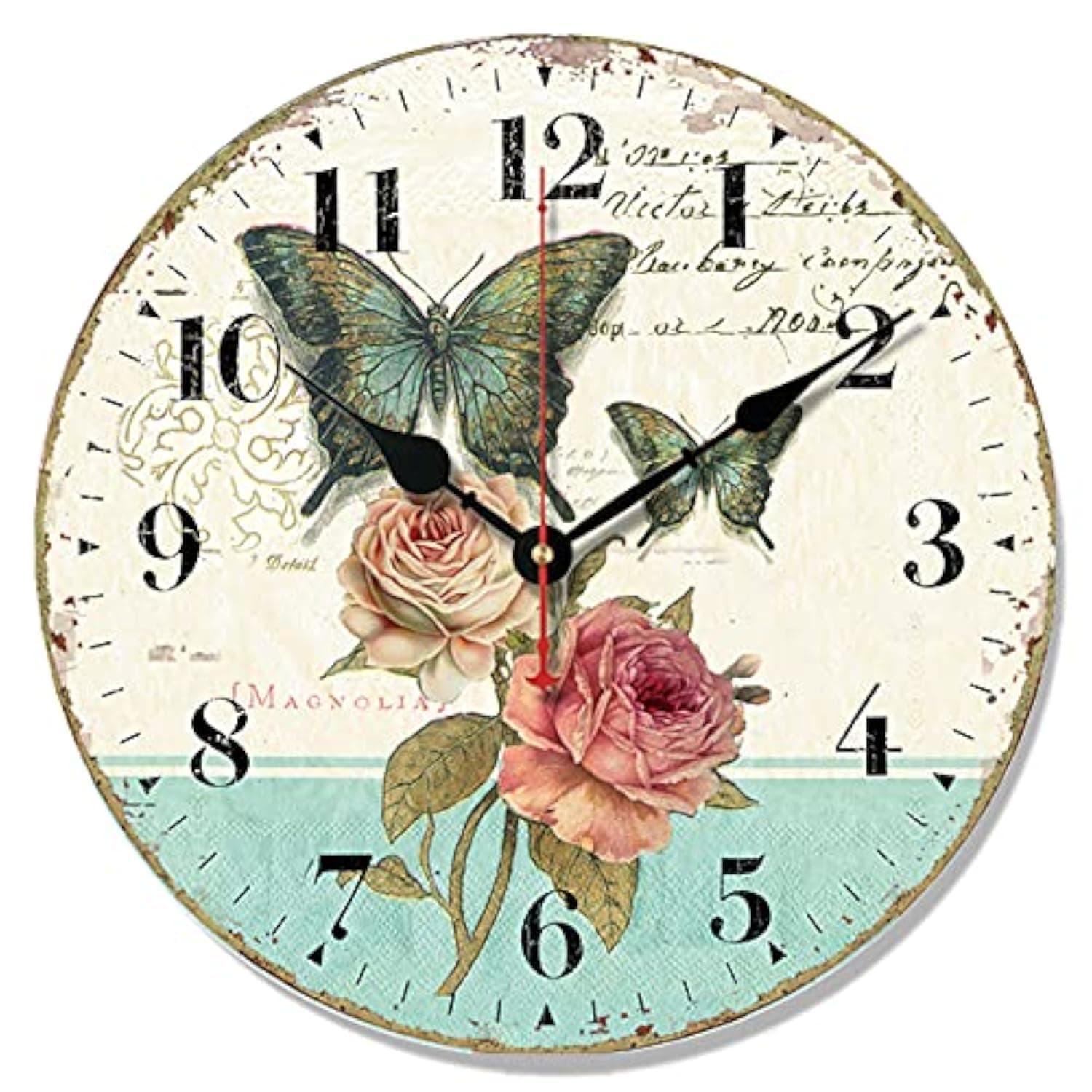 Telisha Wooden Wall Clock Green Butterfly Rose Flower Clock Retro Vintage Large Clock Home Decorative Country Non -Ticking Silent Quiet 14 Inch Gift