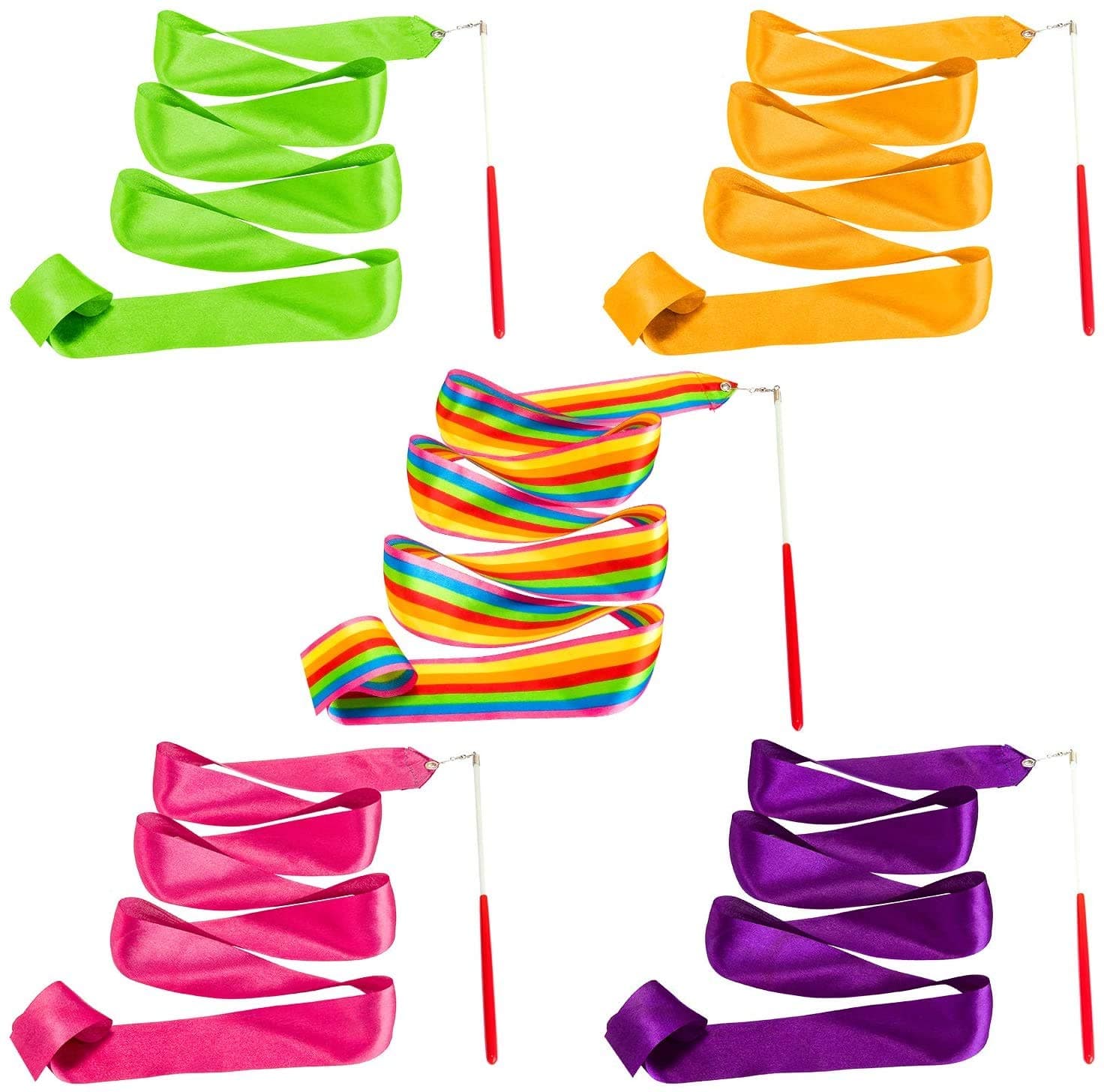 Candeer Streamers Rhythmic Dance Ribbons, 5 Pieces Rainbow Streamers Rhythmic Gymnastics Ribbon Baton Twirling Wands on Sticks for Kids Artistic Dancing, (Rainbow, Rose Red, Orange, Purple, Green) --