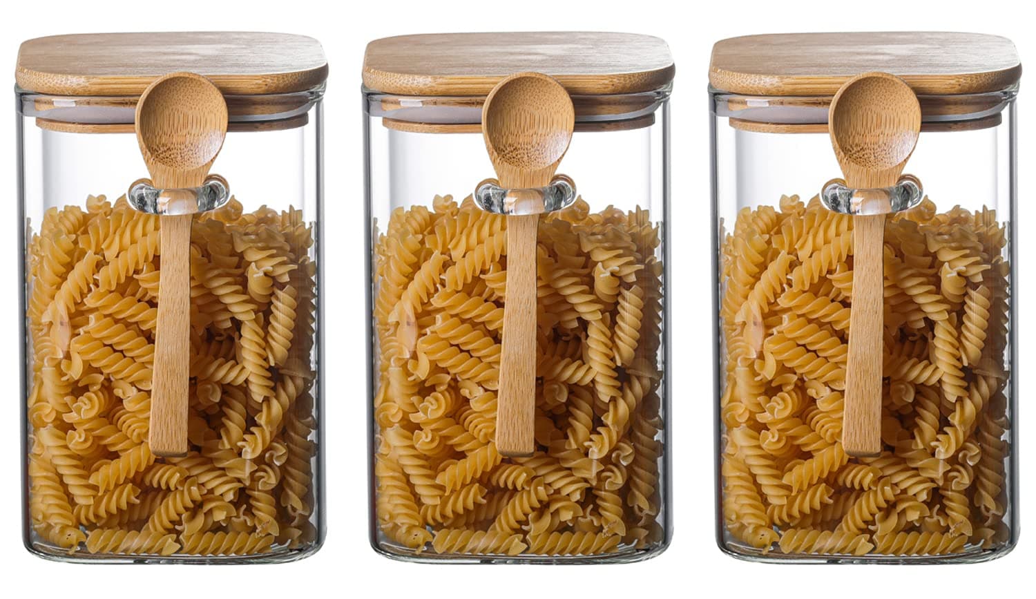 Glass Storage Jar with Bamboo Lids and bamboo Spoon,Set of 3 Airtight Food Jars Kitchen Food Storage Containers with Scoop For Serving Tea, Coffee, Flour, Sugar, Candy, Cookie, Spice (Medium:1000ml)