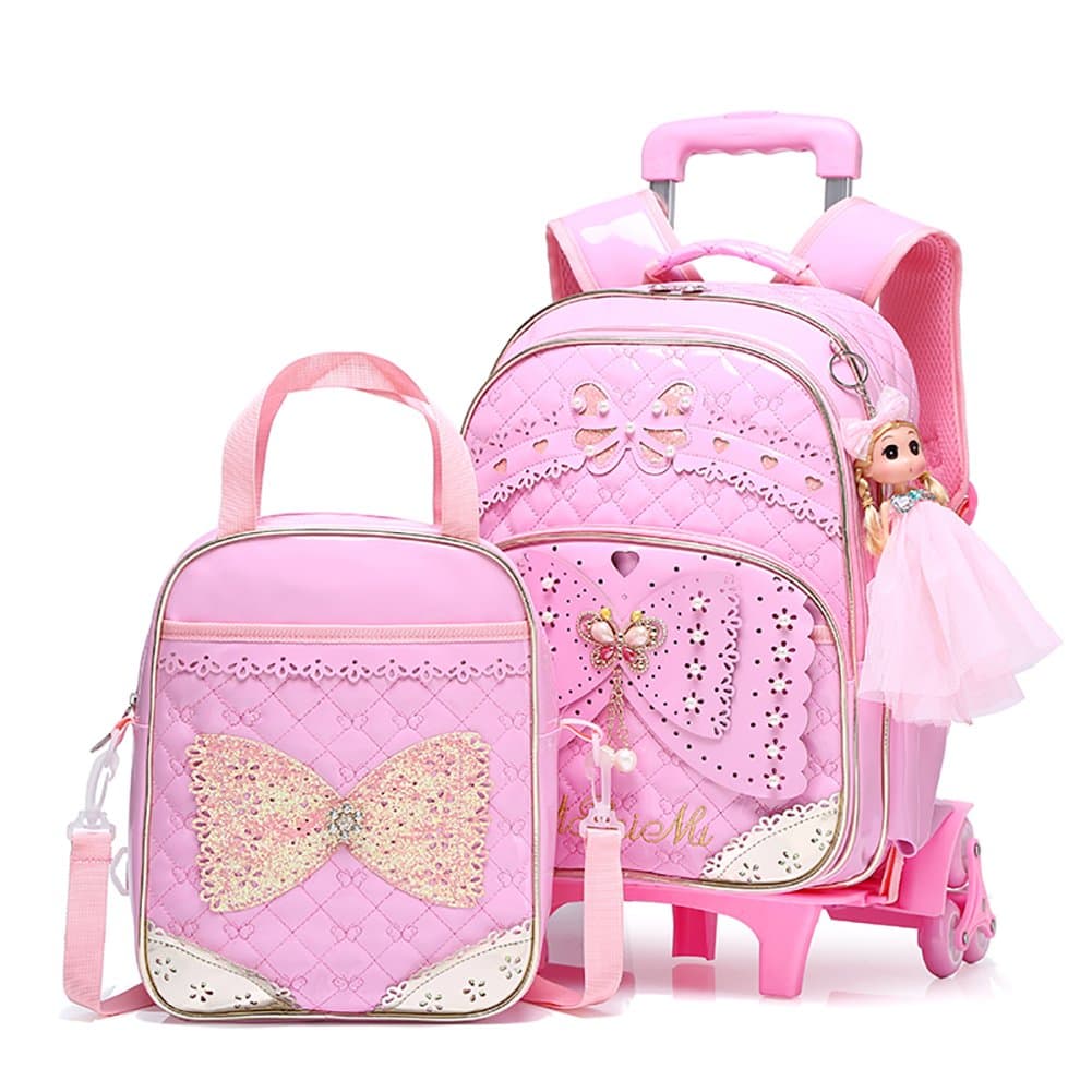 Meetbelify Rolling Backpacks For Girls School Bags Trolley Handbag With Lunch Bag (Pink)