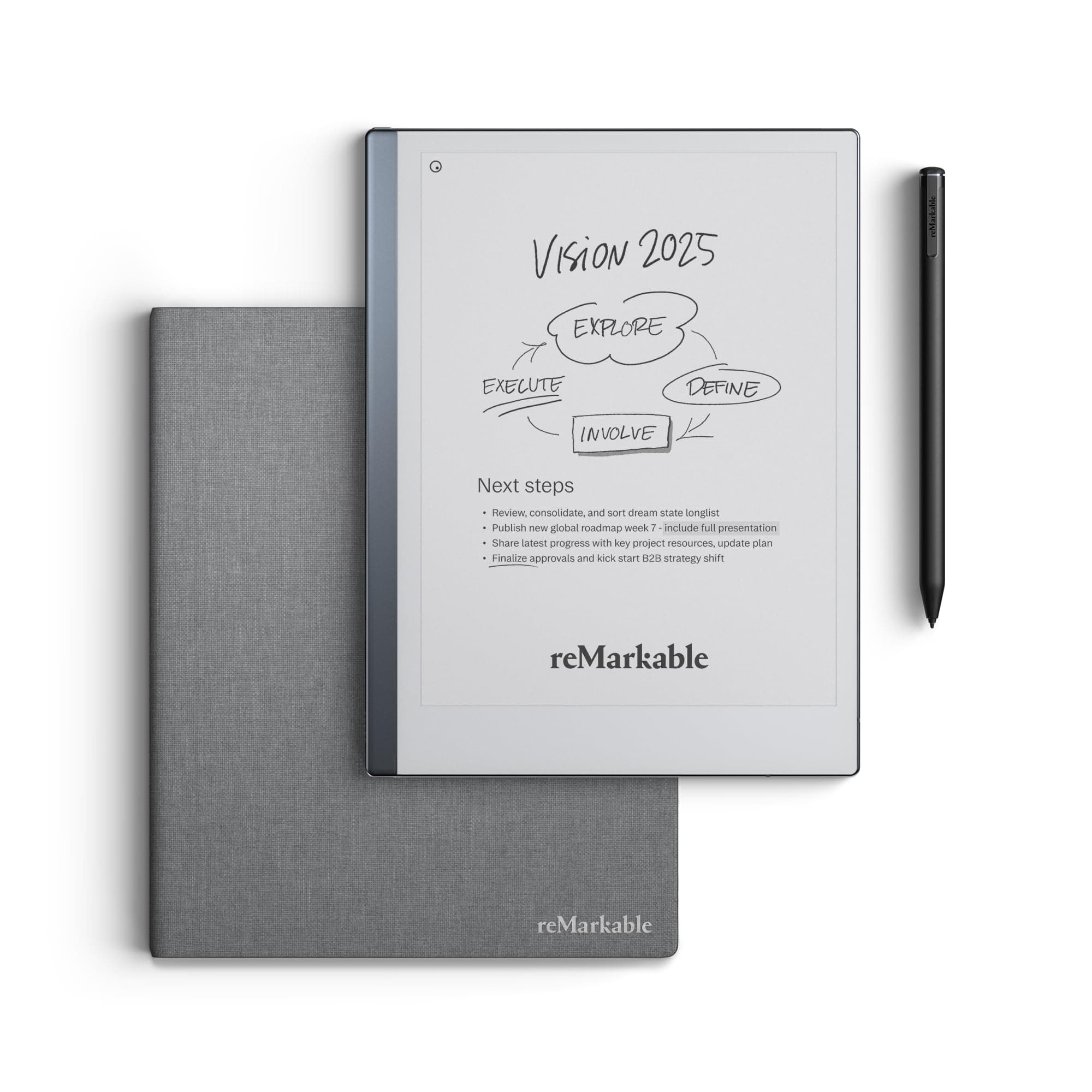 reMarkable Essentials Bundle – Gray | reMarkable 2 Paper Tablet | Includes Black and White 10.3”Writing Tablet, Marker Plus Pen with Eraser, Book Folio Cover in Gray Weave