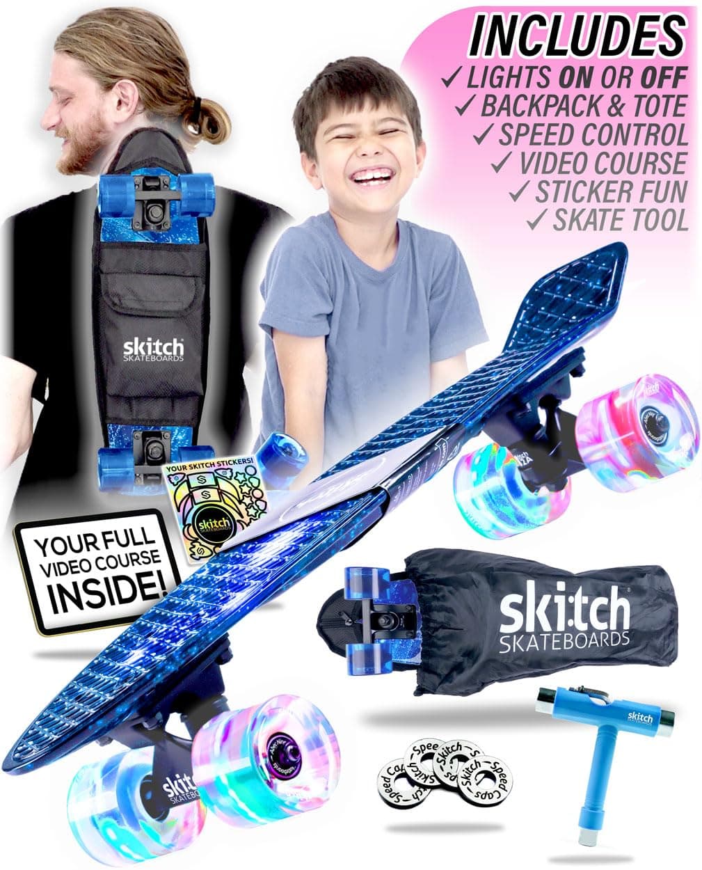 Skateboards for Kids, Teens and Adults | Premium Skateboard Gift Set for Beginners and Pros Complete with Mini Cruiser Board + Skateboard Backpack + Video Course + Speed Control + Skate Tool
