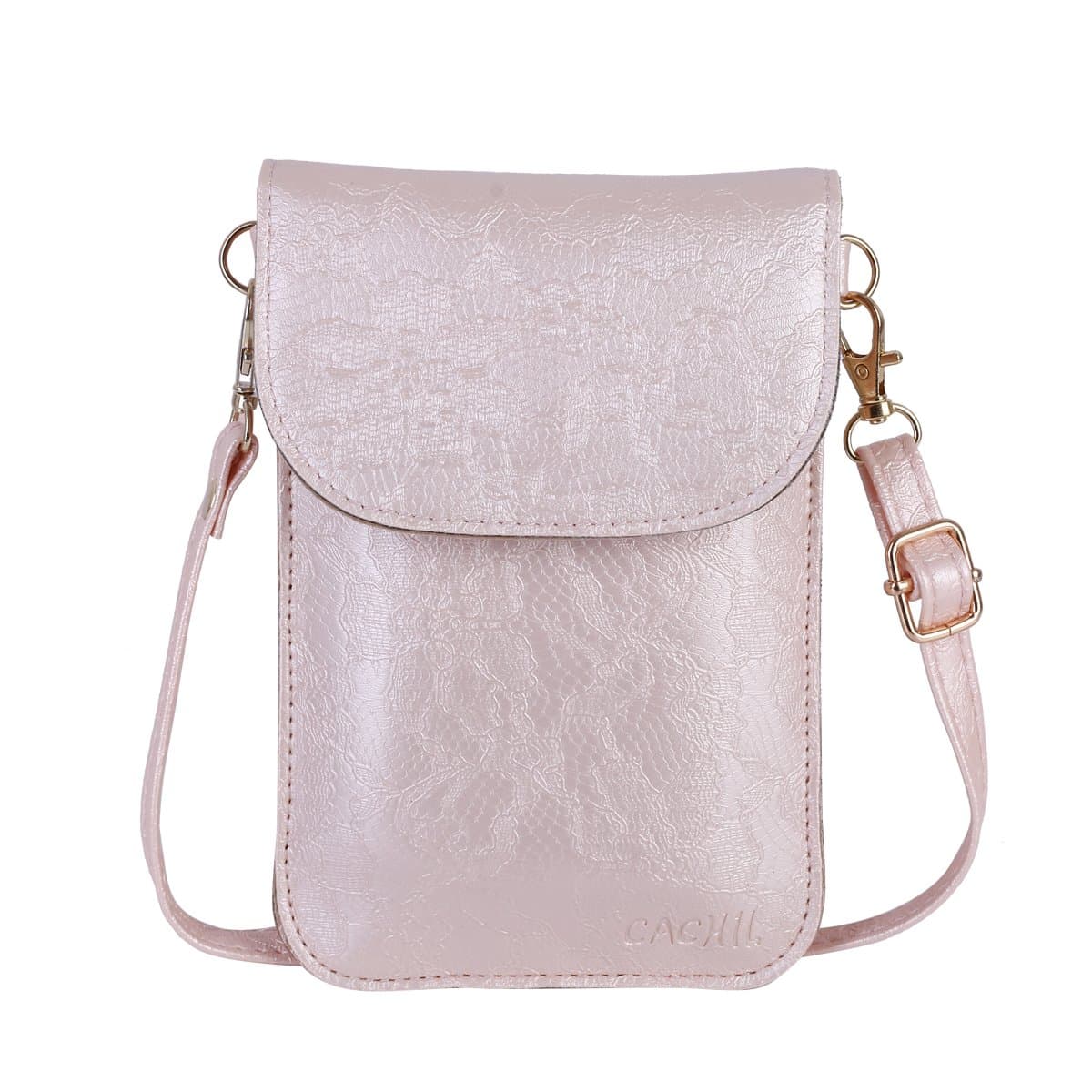 CACHIL Woman Cross body Purse Cell Phone Pouch With Lace Texture and Touch Window-Light Peach